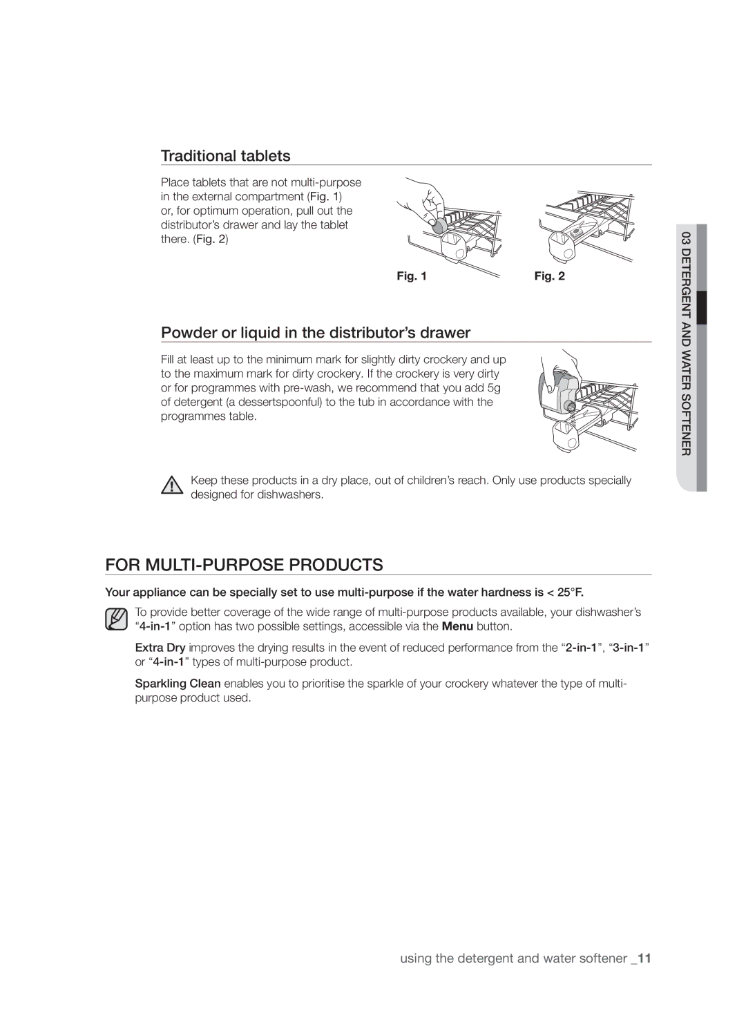 Samsung DMS790BUB/XEE manual For multi-purpose products, Traditional tablets, Powder or liquid in the distributor’s drawer 