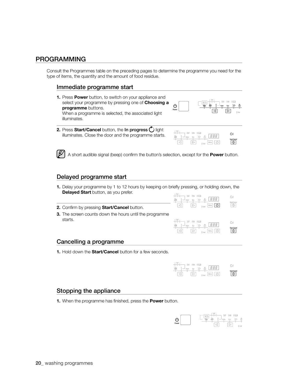 Samsung DMS790BUB/XEE manual Programming, Immediate programme start, Delayed programme start, Cancelling a programme 