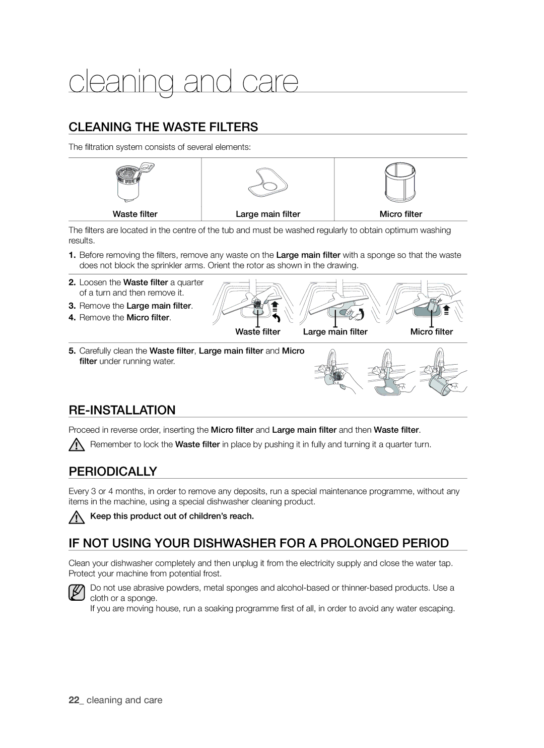 Samsung DMS790BUB/XEE manual Cleaning and care, Cleaning the waste filters, Re-installation, Periodically 