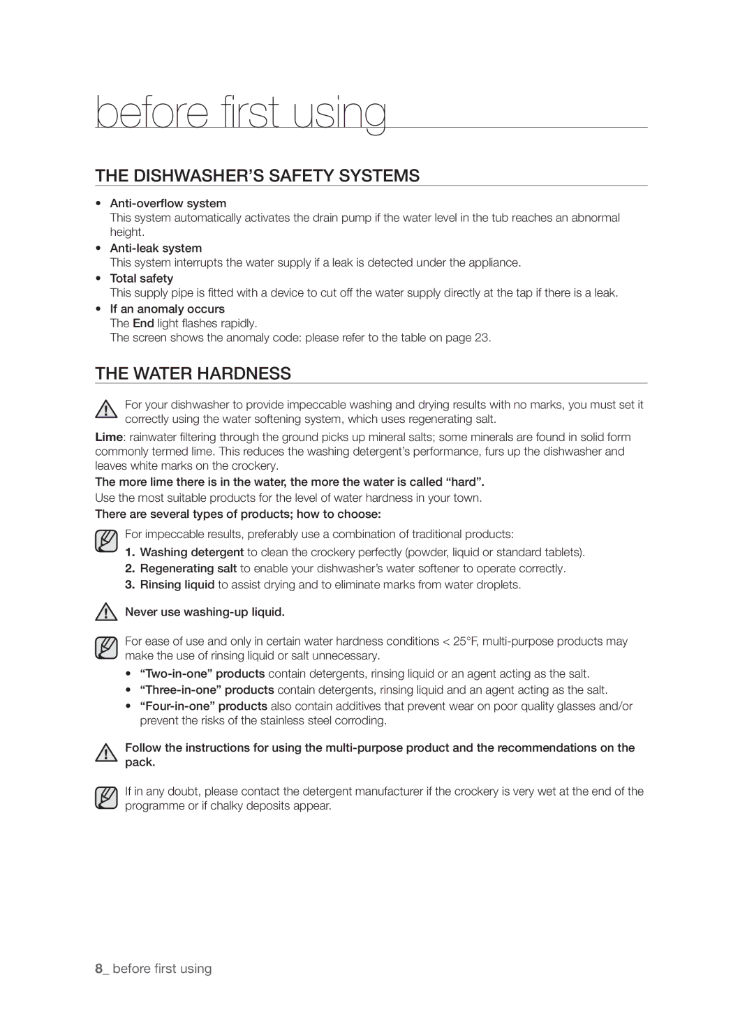 Samsung DMS790BUB/XEE manual Before first using, Dishwasher’s safety systems, Water hardness 