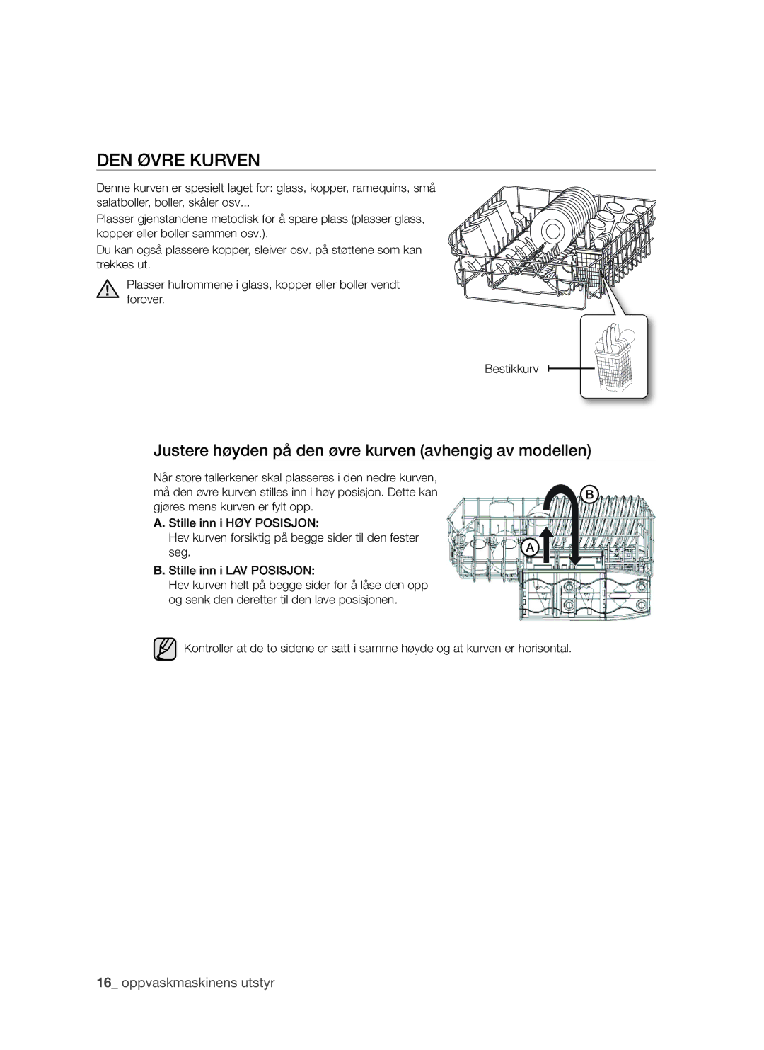 Samsung DMS790BUB/XEE manual Den øvre kurven, Justere høyden på den øvre kurven avhengig av modellen 