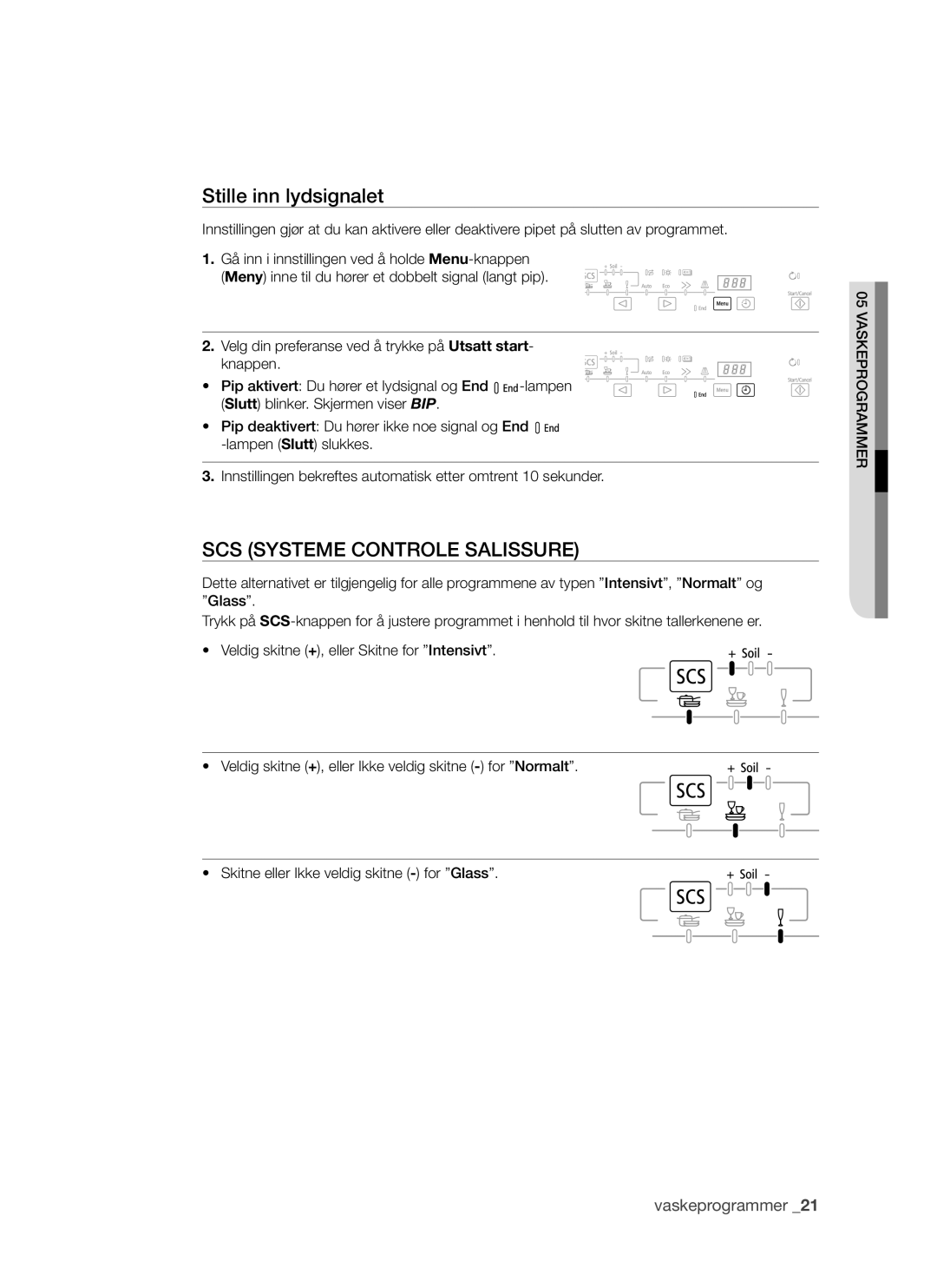 Samsung DMS790BUB/XEE manual Stille inn lydsignalet, SCS Systeme Controle Salissure 