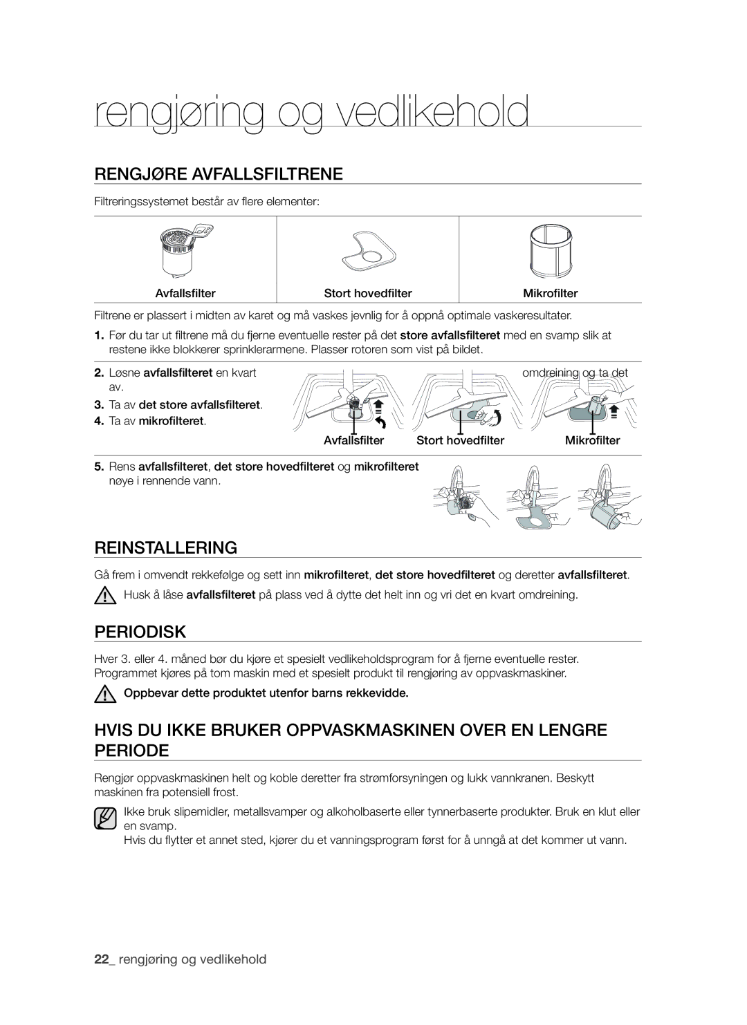 Samsung DMS790BUB/XEE manual Rengjøring og vedlikehold, Rengjøre avfallsfiltrene, Reinstallering, Periodisk 