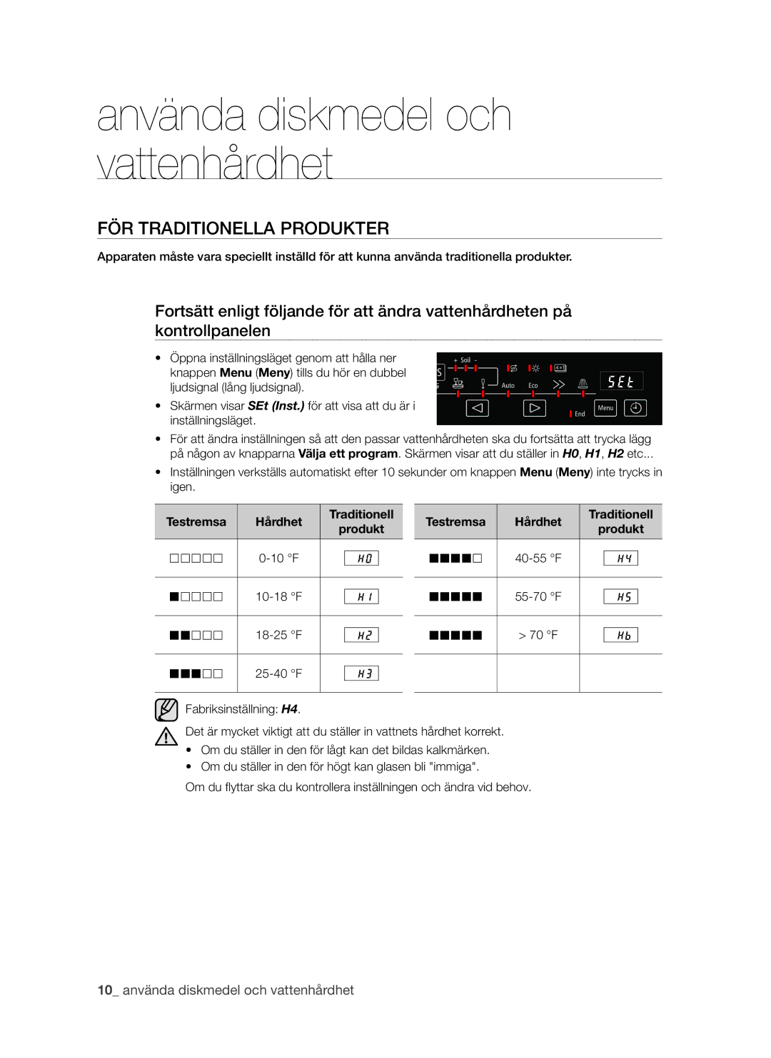 Samsung DMS790BUB/XEE manual Använda diskmedel och vattenhårdhet, För traditionella produkter, Hårdhet Traditionell Produkt 