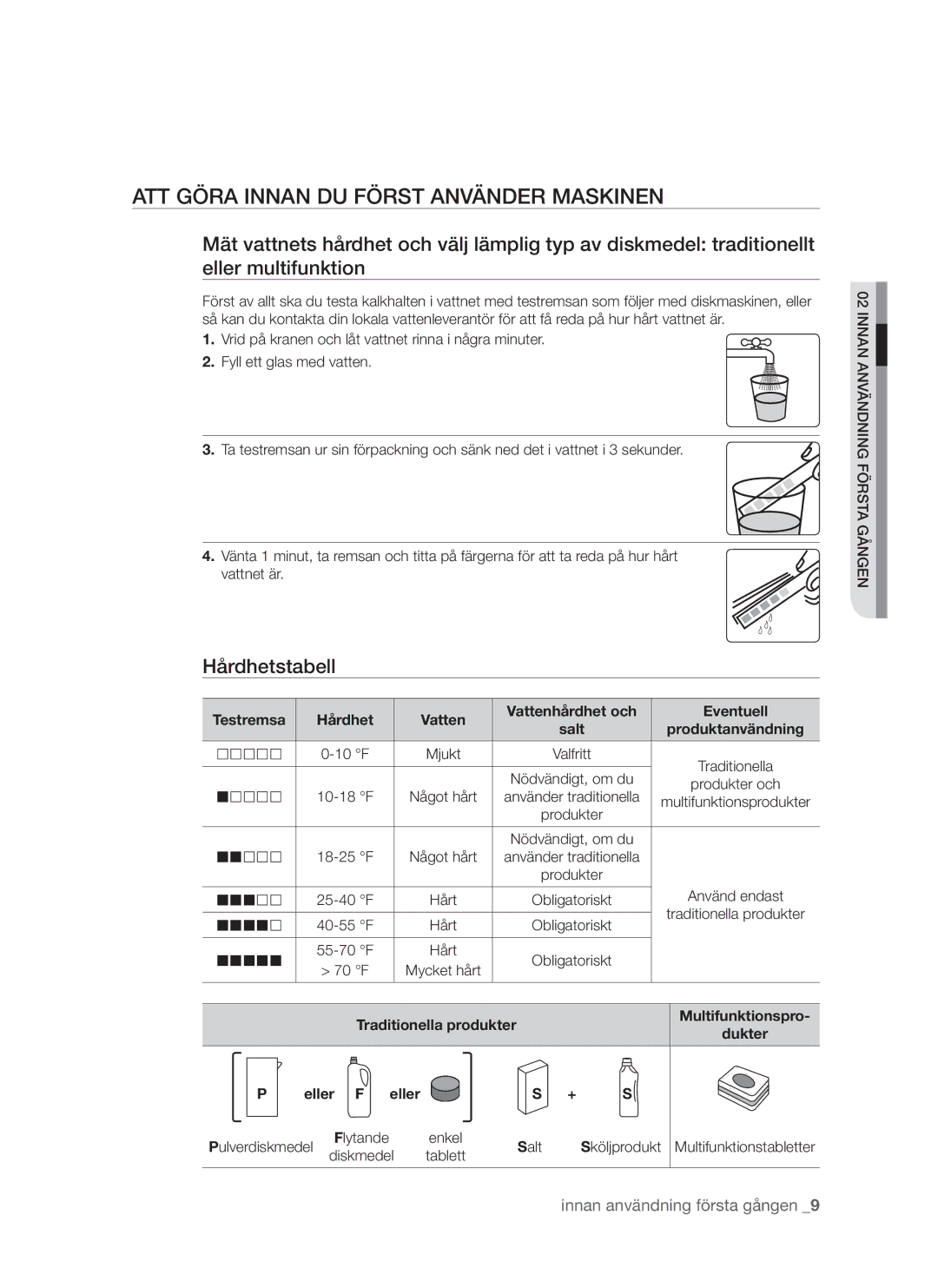 Samsung DMS790BUB/XEE manual Att göra innan du först använder maskinen, Hårdhetstabell, Produktanvändning 