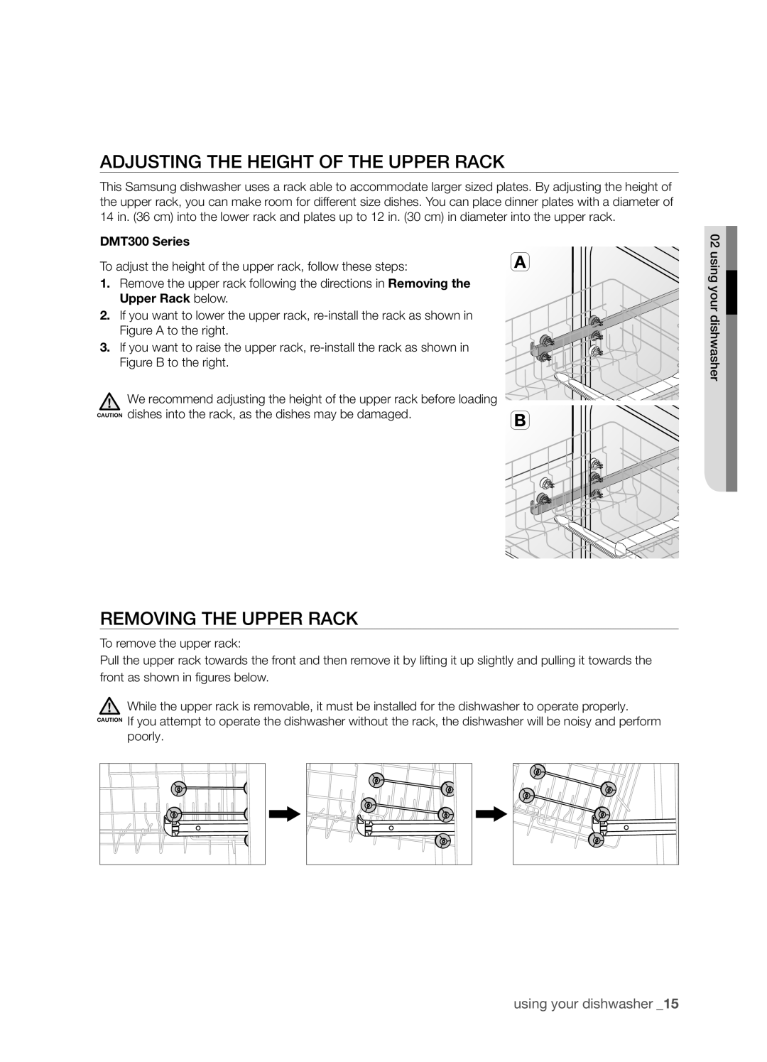 Samsung DMT300 Series manual Adjusting the height of the upper rack, Removing the upper rack 