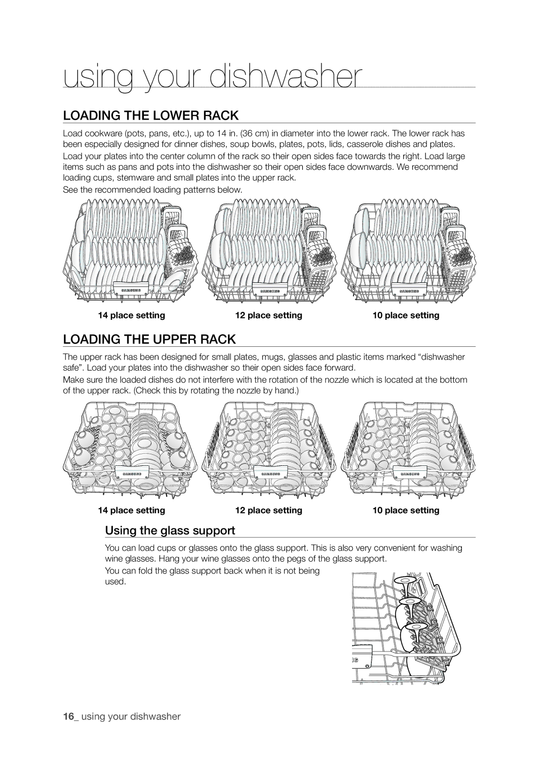 Samsung DMT300 Series manual Loading the lower rack, Loading the upper rack, Using the glass support, Place setting 