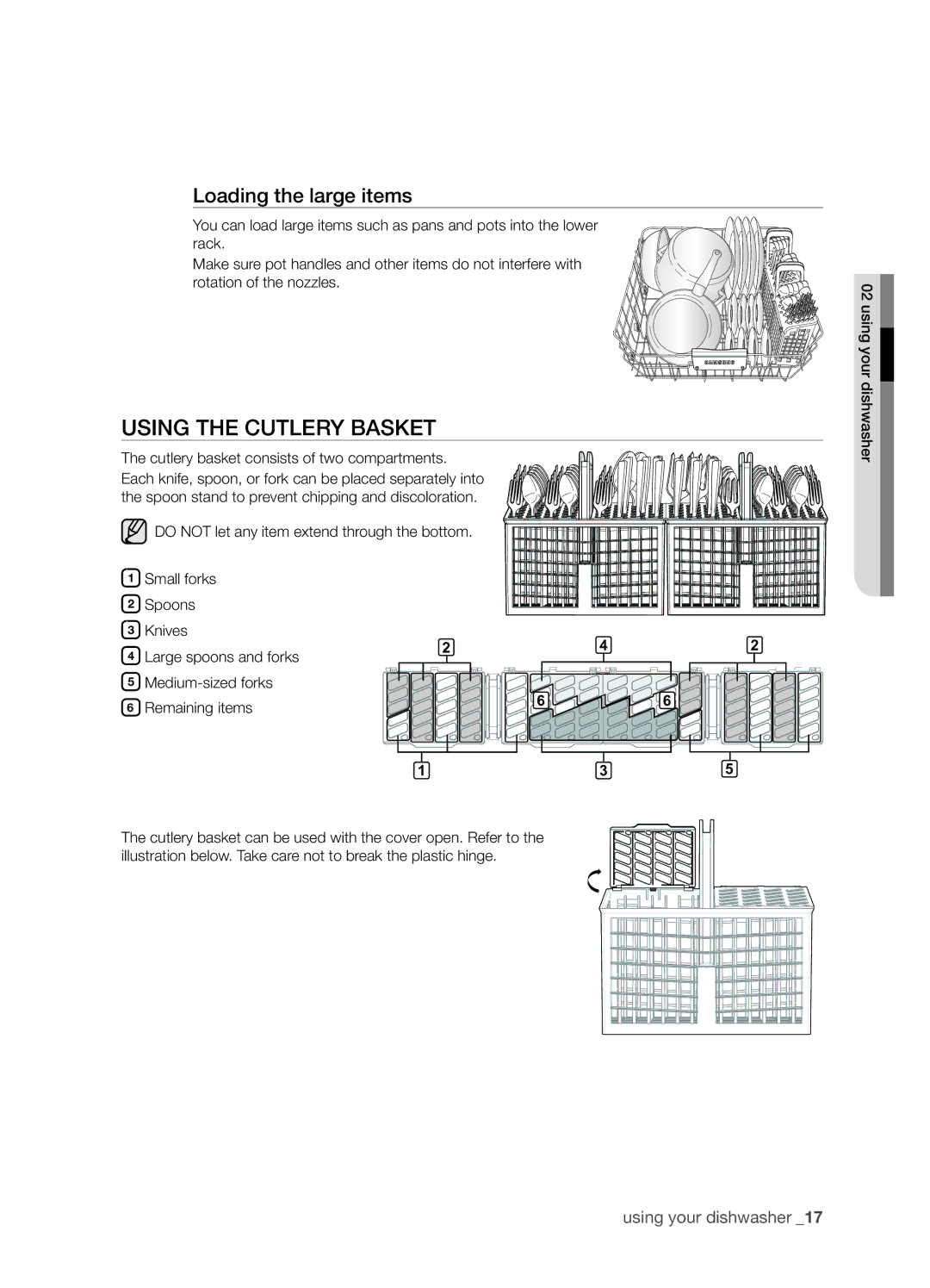 Samsung DMT300 Series manual Using the cutlery basket, Loading the large items 