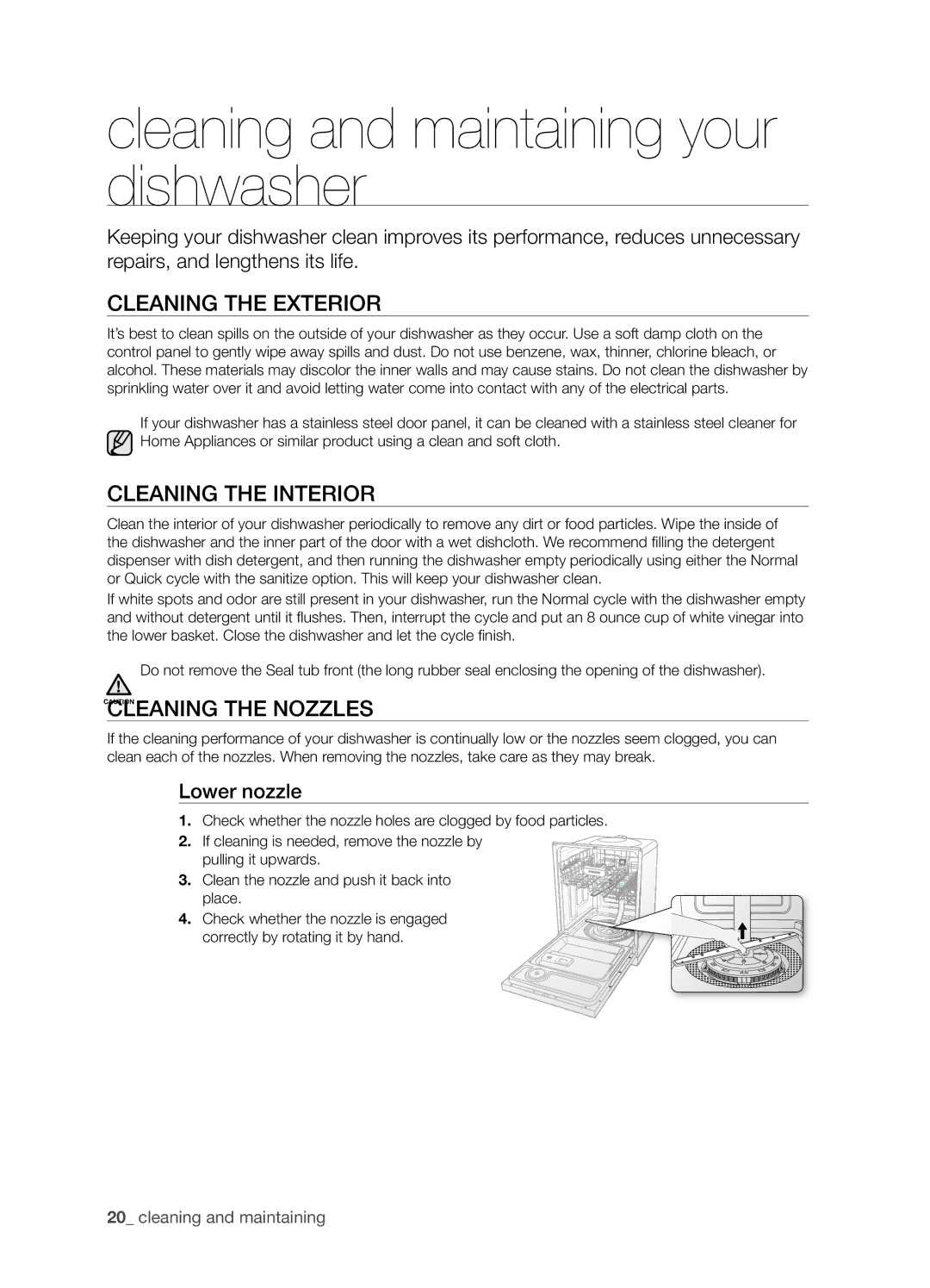 Samsung DMT300 Series Cleaning and maintaining your dishwasher, Cleaning the exterior, Cleaning the interior, Lower nozzle 