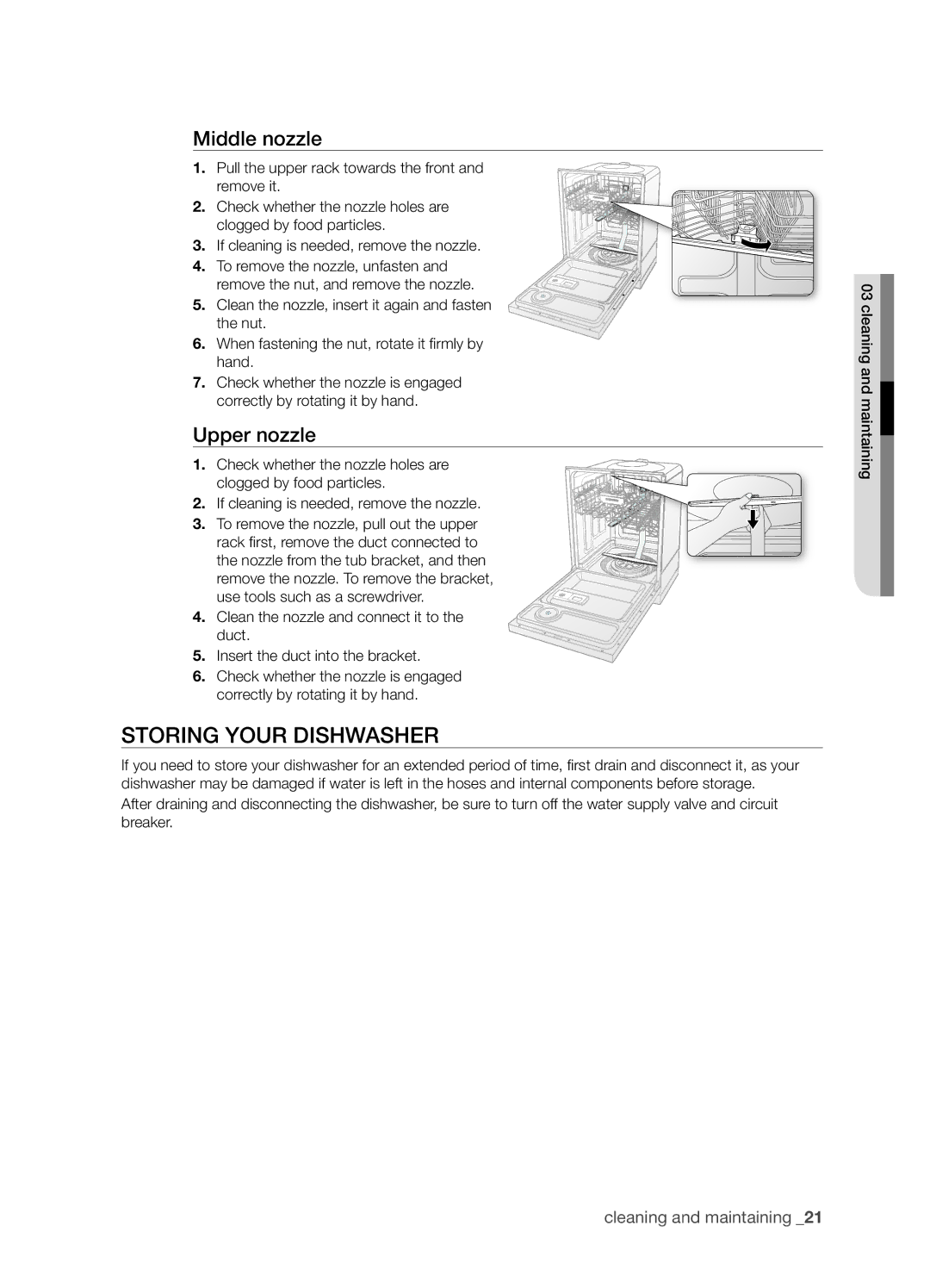 Samsung DMT300 Series manual Storing your dishwasher, Middle nozzle, Upper nozzle 