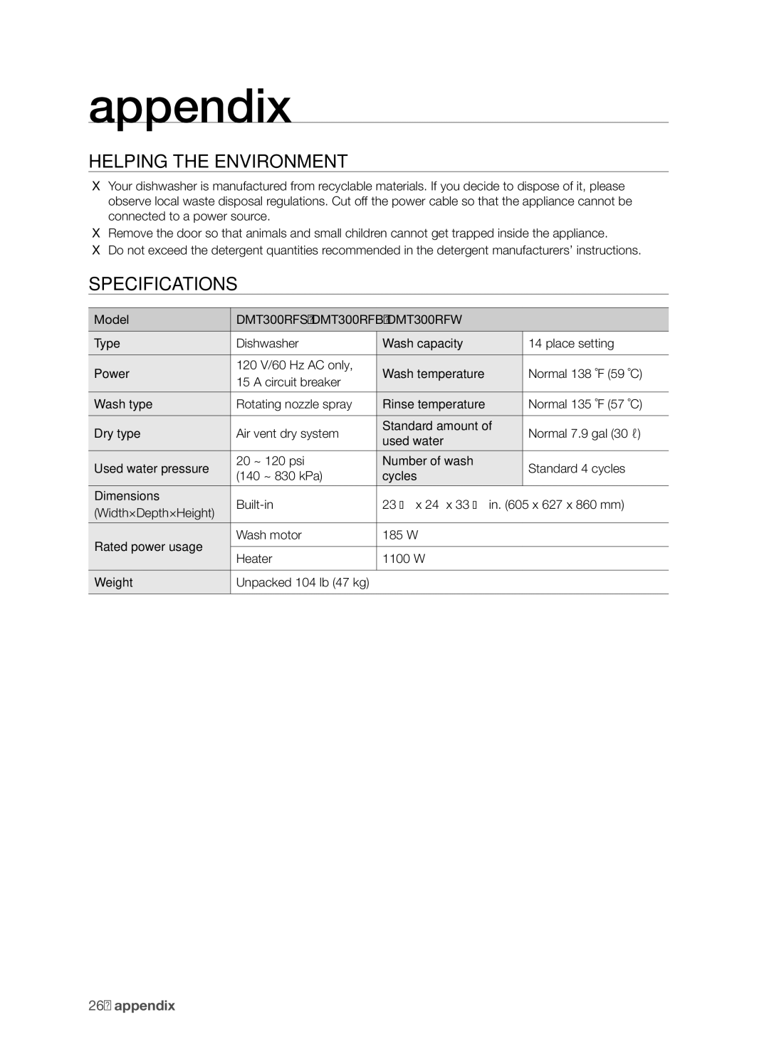 Samsung DMT300 Series manual Appendix, Helping the environment, Specifications, Model, DMT300RFS, DMT300RFB, DMT300RFW 