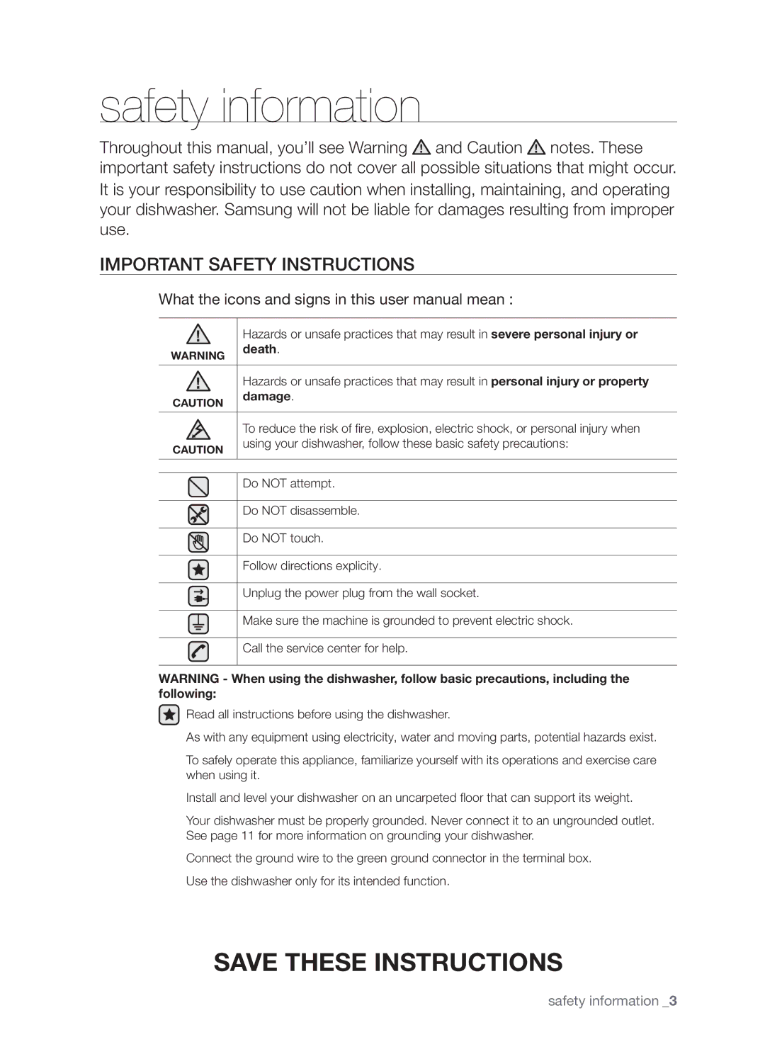 Samsung DMT300 Series manual Safety information, Important safety instructions, Death, Damage 