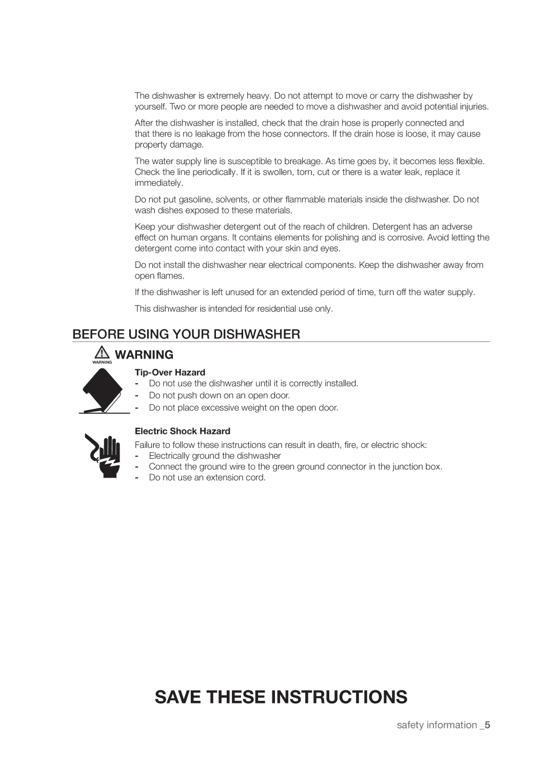 Samsung DMT300 Series manual Before using your dishwasher, Tip-Over Hazard, Electric Shock Hazard 