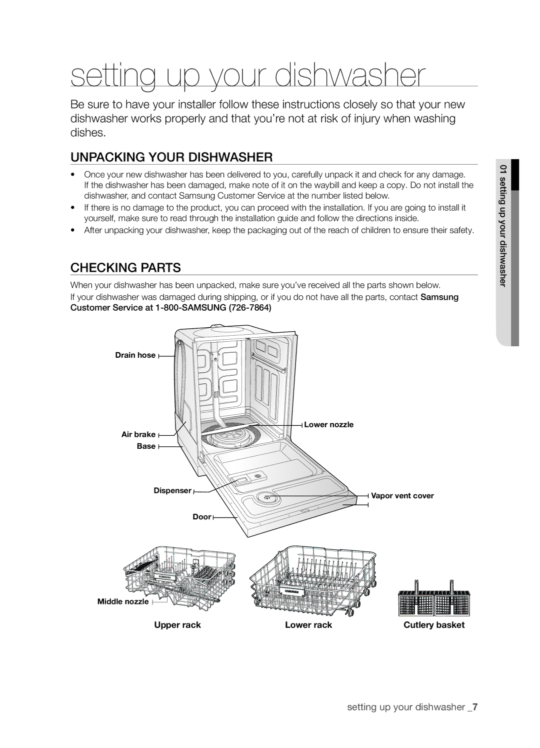 Samsung DMT300 Series manual Setting up your dishwasher, Unpacking your dishwasher, Checking parts 