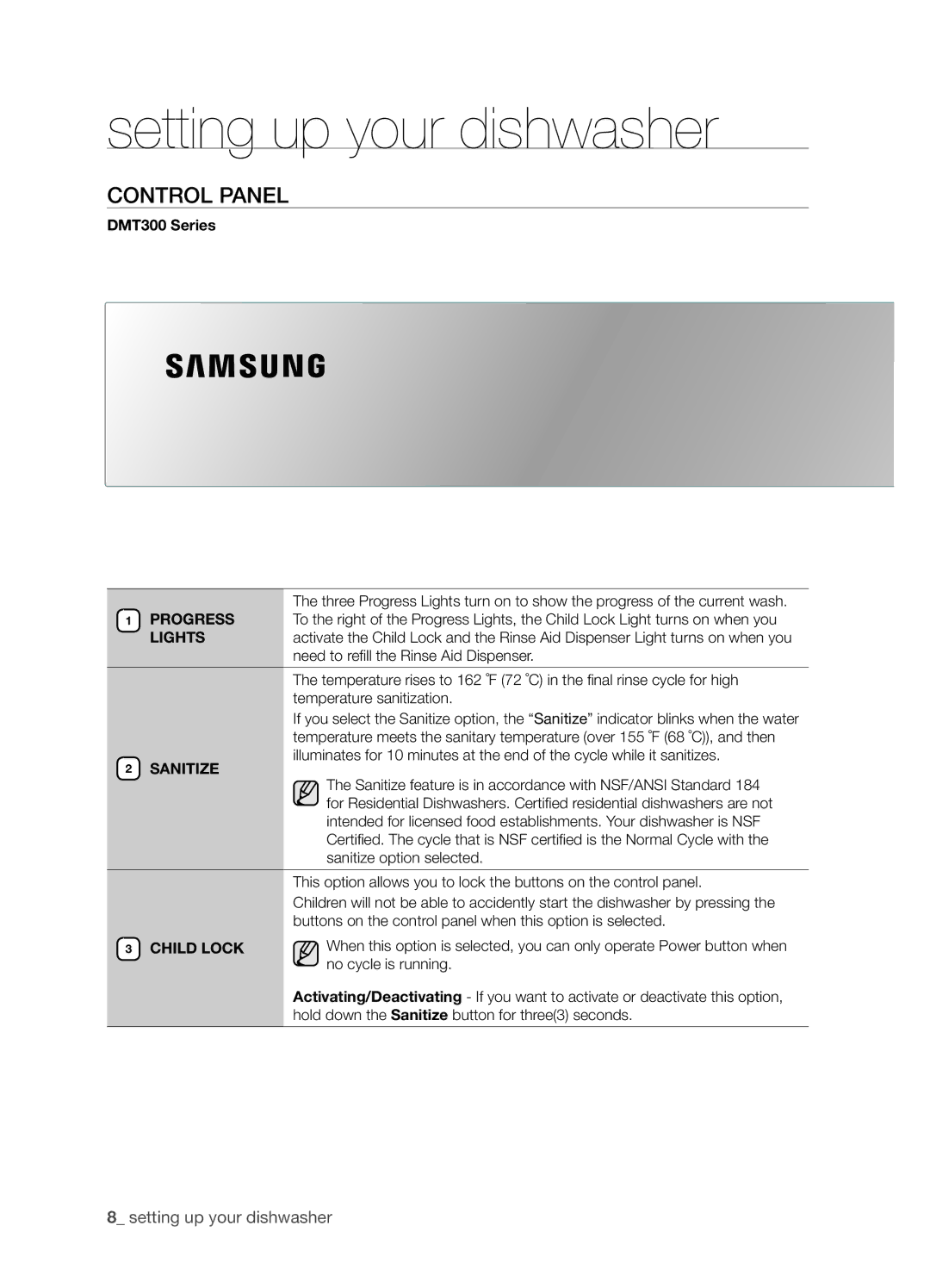 Samsung DMT300 Series manual Control panel, Progress, Lights, Sanitize, Child Lock 