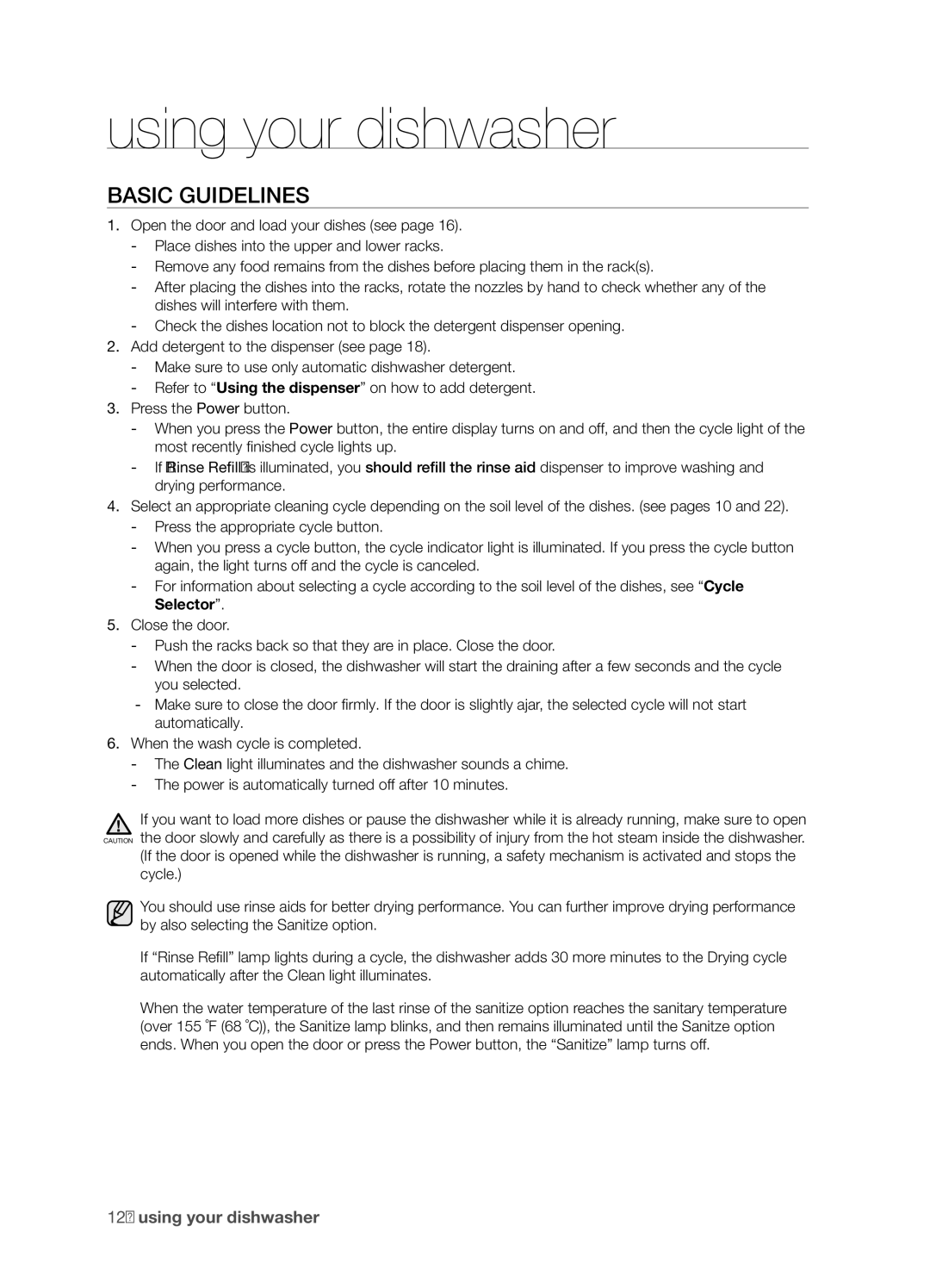 Samsung DMT400RHS, DMT400RHW, DMT400RHB, DMT400DD68-00074A user manual Using your dishwasher, Basic guidelines 