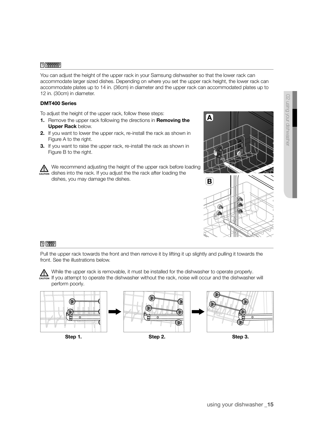 Samsung DMT400RHW Adjusting the height of the upper rack, Removing the upper rack, Dishes, you may damage the dishes, Step 