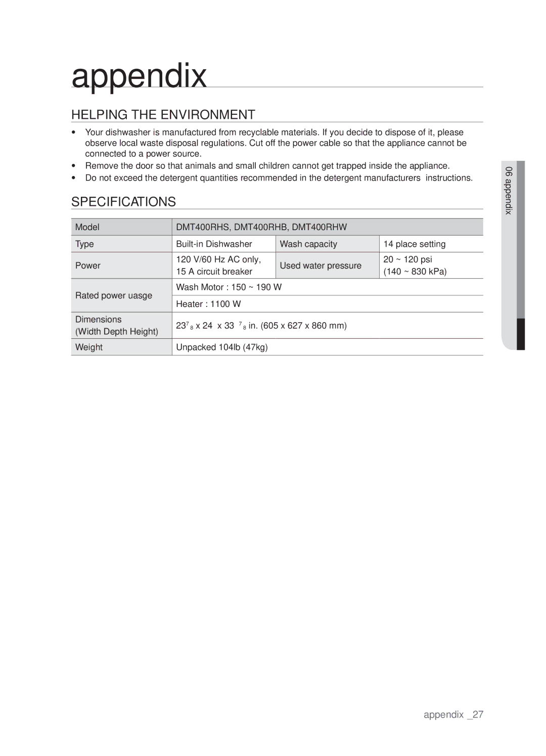 Samsung DMT400DD68-00074A Appendix, Helping the environment, Specifications, Model, DMT400RHS, DMT400RHB, DMT400RHW 