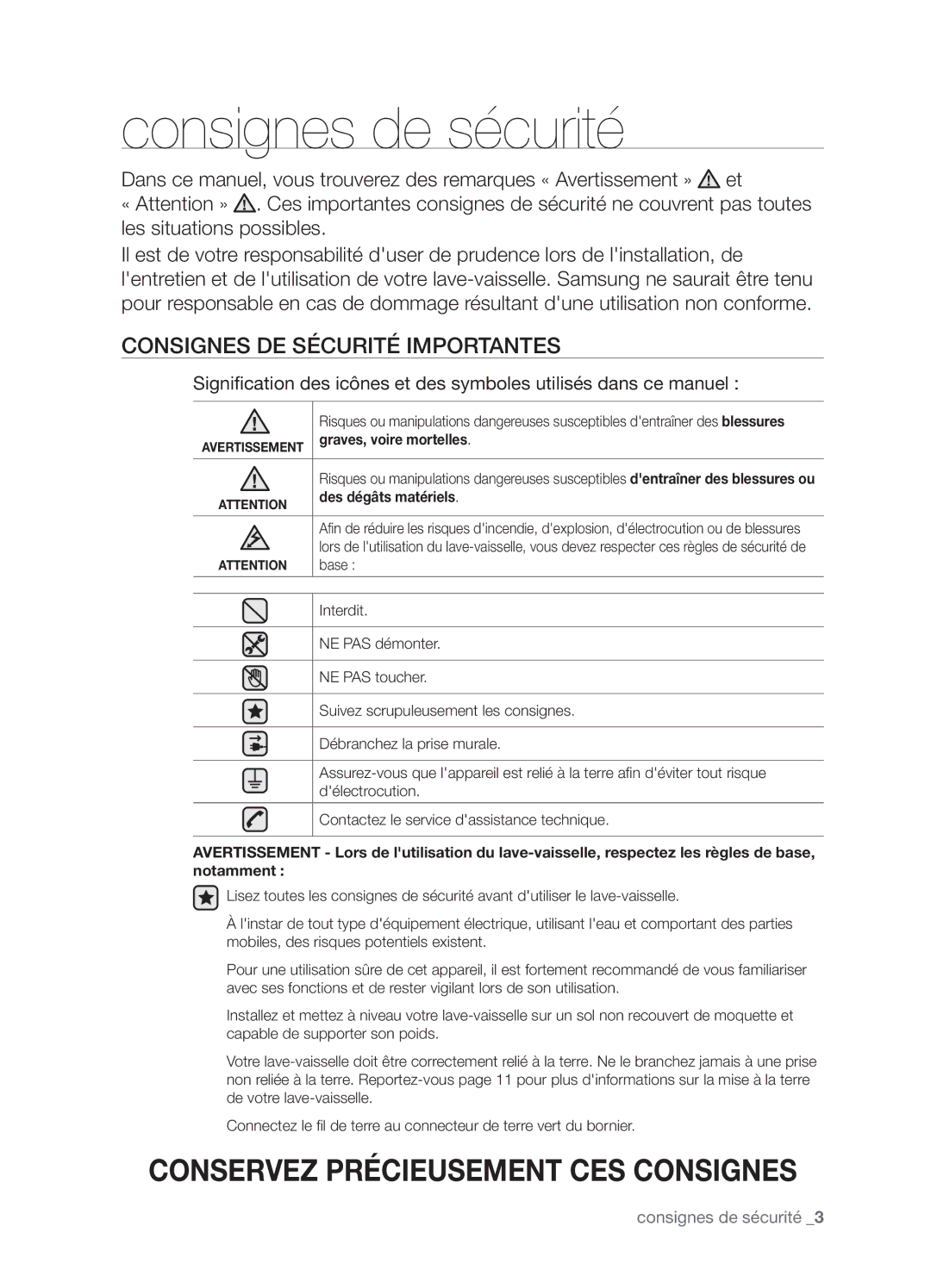 Samsung DMT400RHW, DMT400RHB Consignes de sécurité importantes, Graves, voire mortelles, Des dégâts matériels 