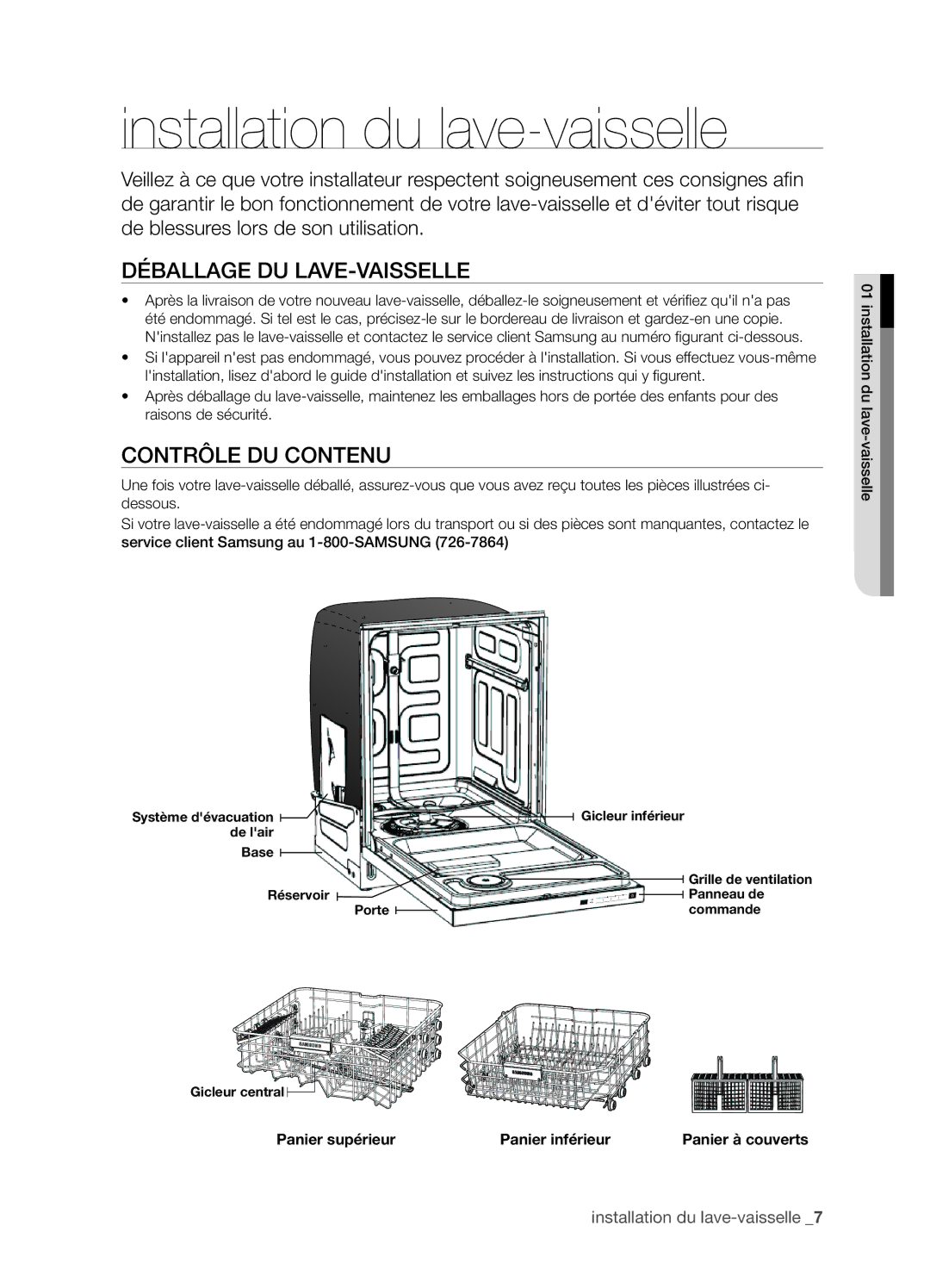 Samsung DMT400DD68-00074A, DMT400RHW Installation du lave-vaisselle, Déballage du lave-vaisselle, Contrôle du contenu 