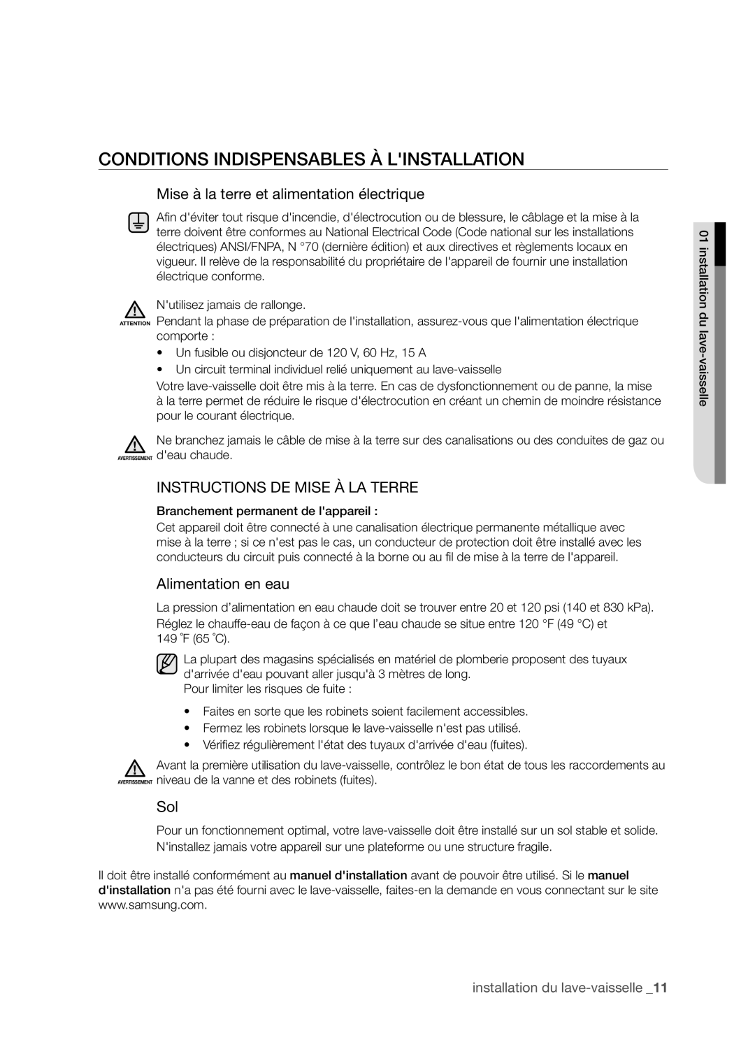 Samsung DMT400RHW, DMT400RHB, DMT400RHS Conditions indispensables à linstallation, Branchement permanent de lappareil 