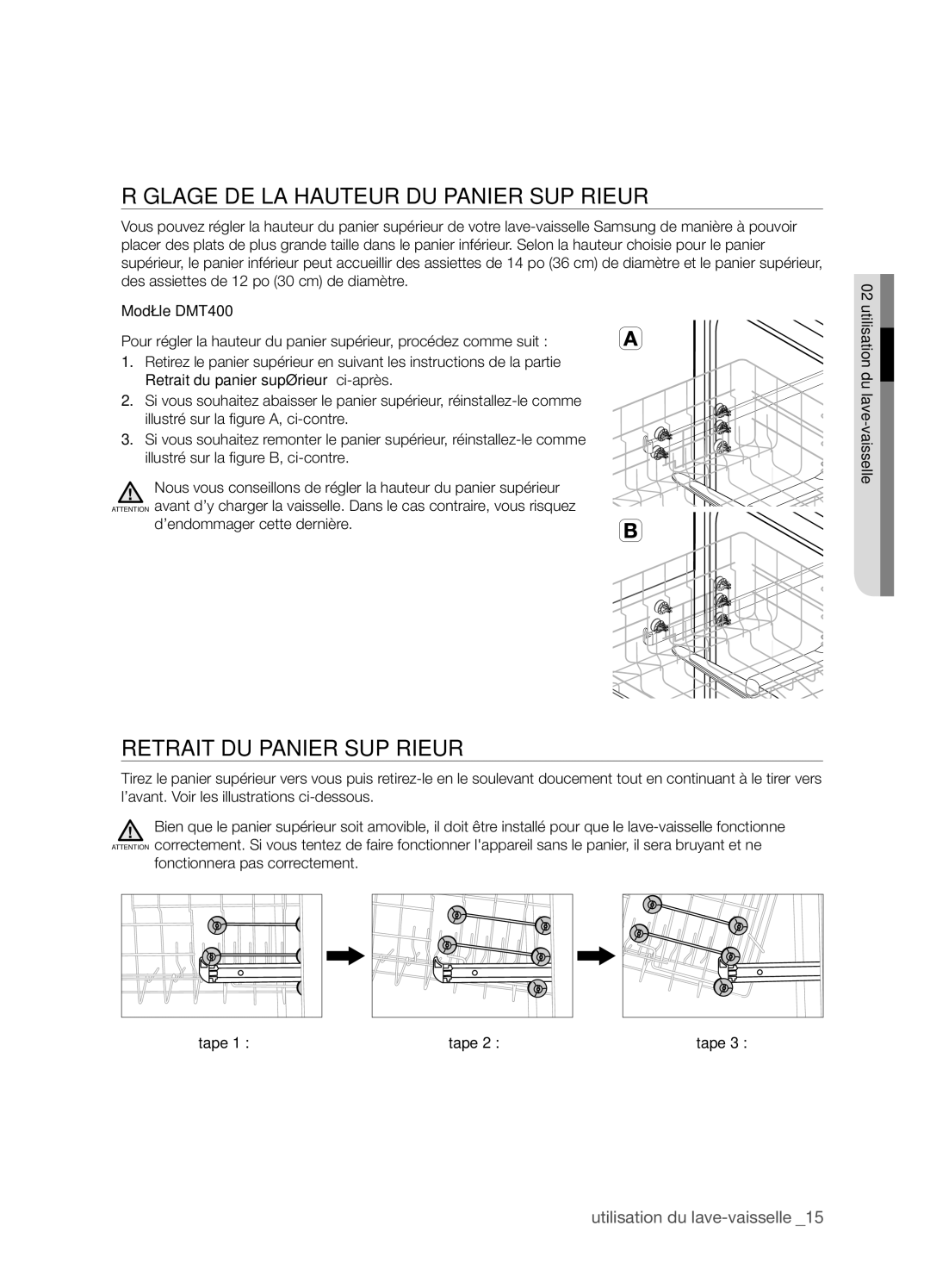 Samsung DMT400RHS Réglage de la hauteur du panier supérieur, Retrait du panier supérieur, ’endommager cette dernière 