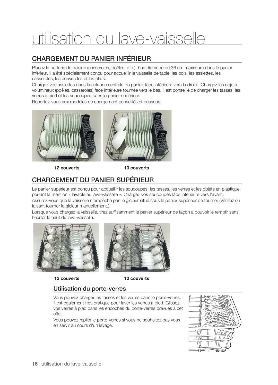 Samsung DMT400 Chargement du panier inférieur, Chargement du panier supérieur, Utilisation du porte-verres, Couverts 