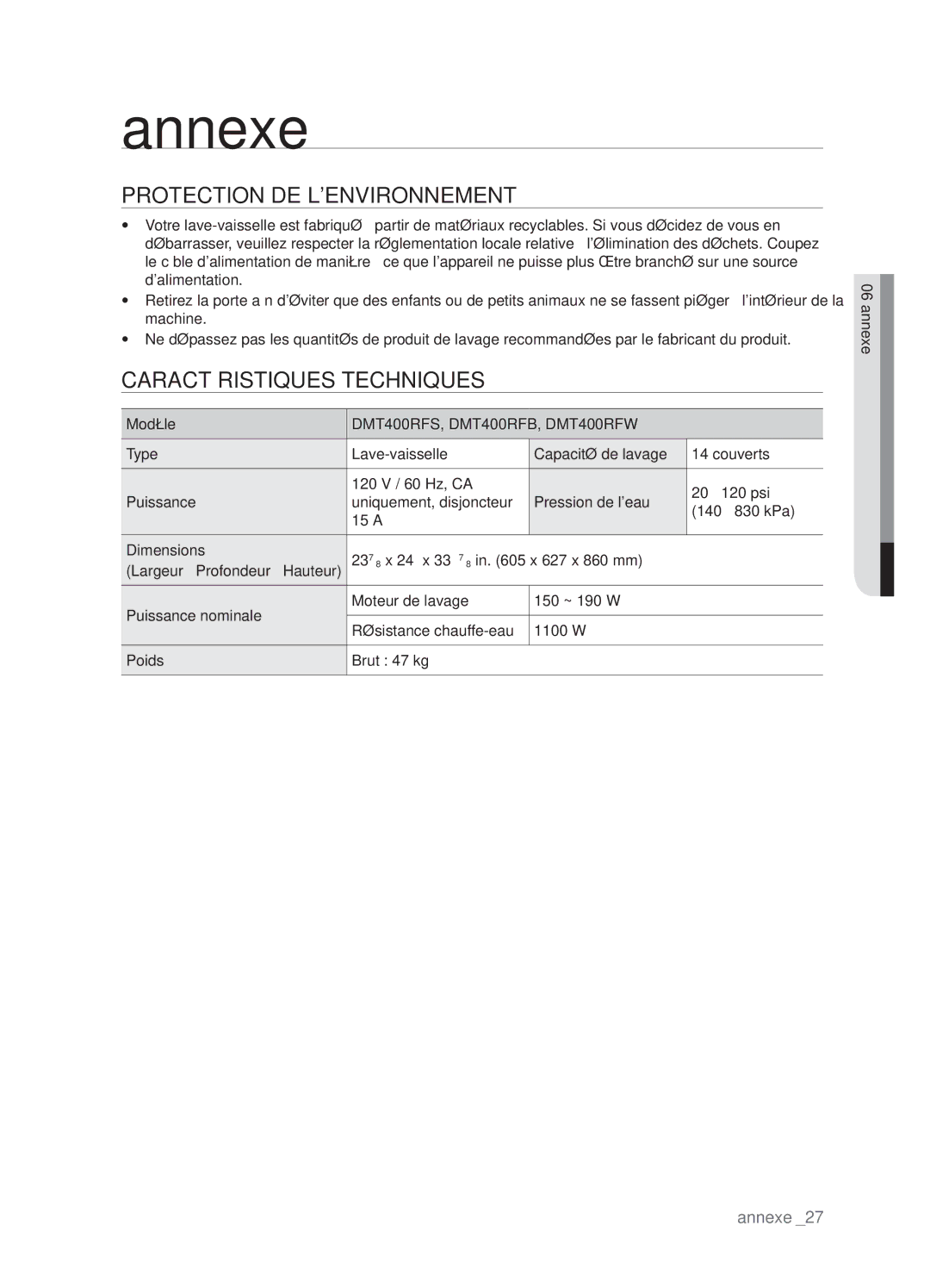 Samsung DMT400DD68-00074A, DMT400RHW, DMT400RHB Annexe, Protection de lenvironnement, Caractéristiques techniques, Modèle 