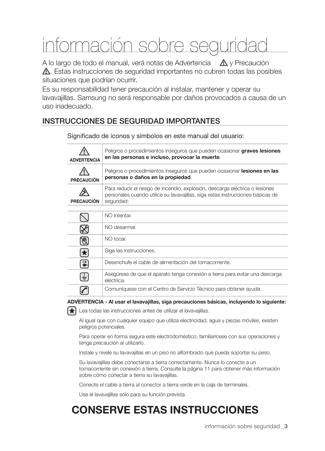 Samsung DMT400RHS Información sobre seguridad, Instrucciones de seguridad importantes, Personas o daños en la propiedad 