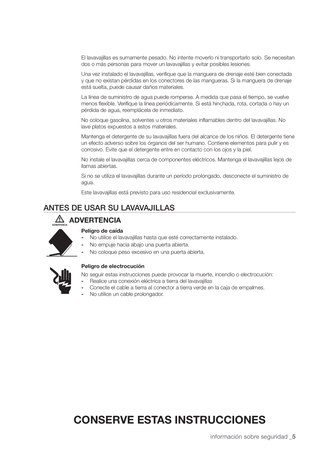 Samsung DMT400DD68-00074A, DMT400RHW, DMT400RHB Antes de usar su lavavajillas, Peligro de caída, Peligro de electrocución 