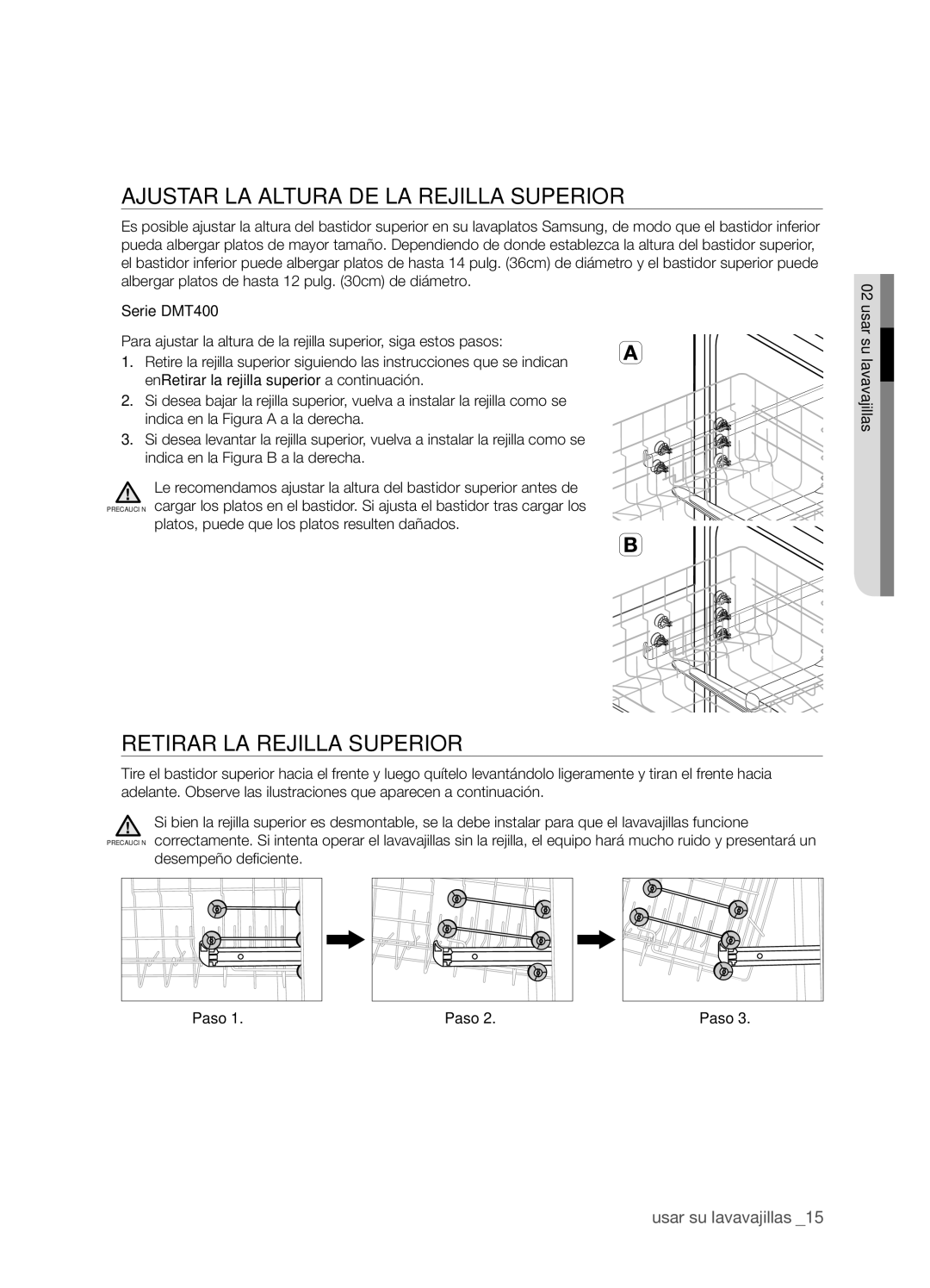 Samsung DMT400DD68-00074A, DMT400RHW, DMT400RHB Ajustar la altura de la rejilla superior, Retirar la rejilla superior, Paso 