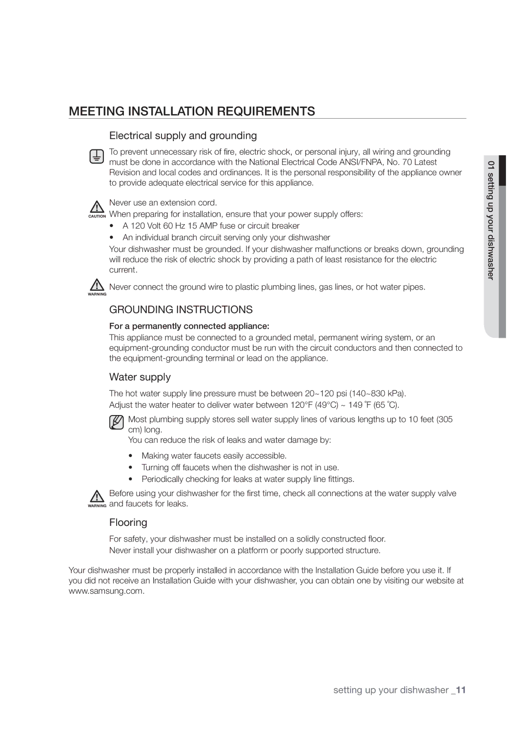 Samsung DMT800RHB, DMT800DD6800050A, DMT800RHW user manual Meeting Installation Requirements, Electrical supply and grounding 