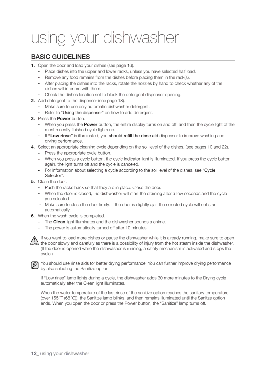 Samsung DMT800DD6800050A, DMT800RHW, DMT800RHB user manual Using your dishwasher, Basic Guidelines 