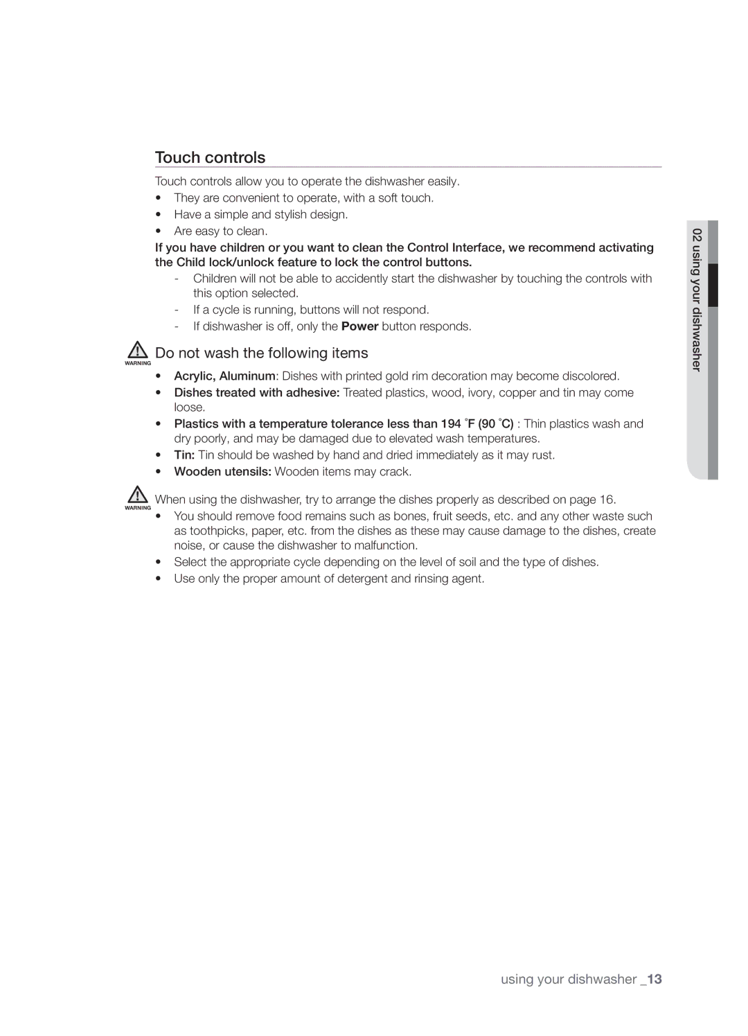 Samsung DMT800RHW, DMT800DD6800050A, DMT800RHB user manual Touch controls, Do not wash the following items 