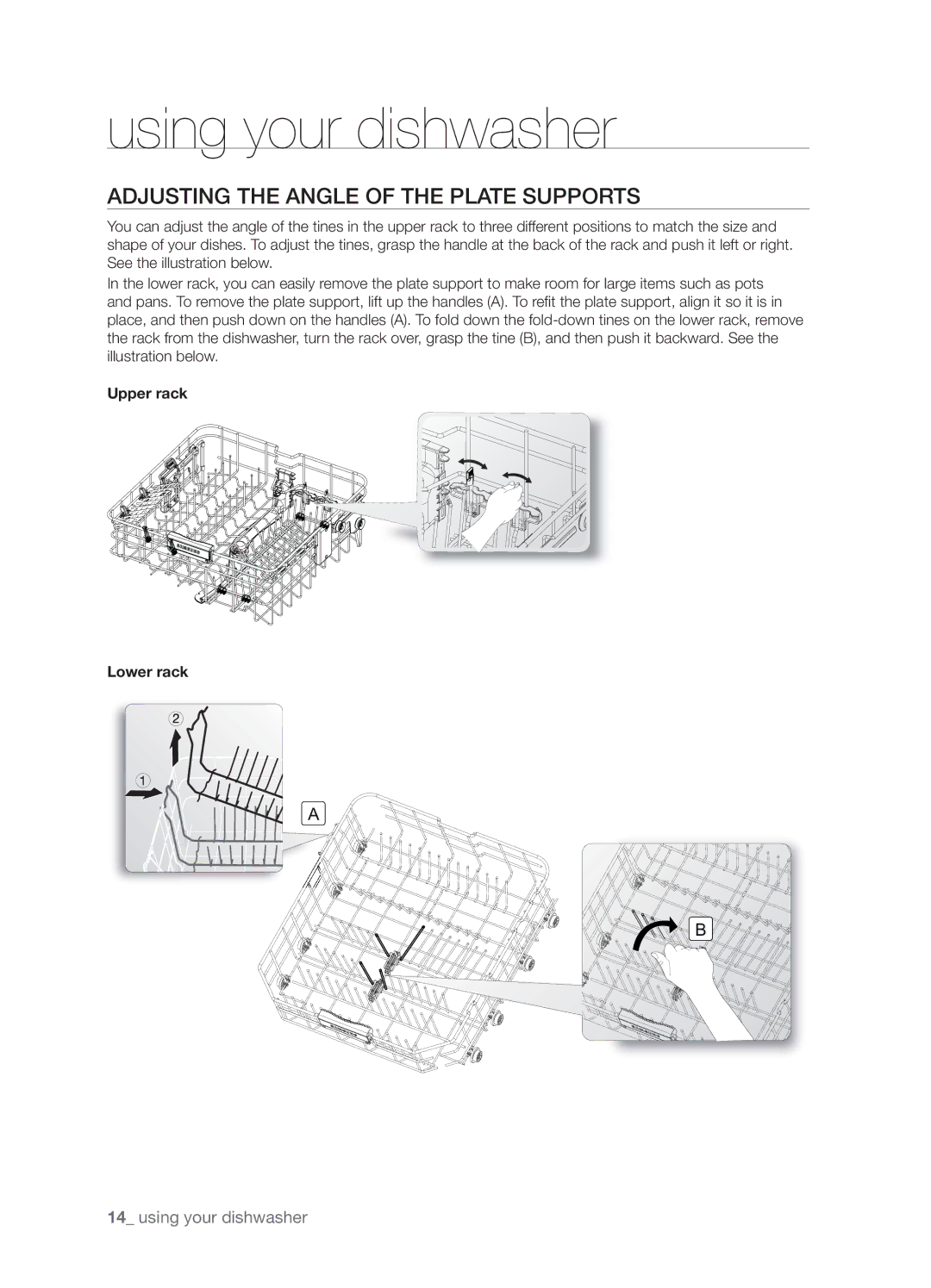 Samsung DMT800RHB, DMT800DD6800050A, DMT800RHW user manual Adjusting the Angle of the Plate Supports, Upper rack Lower rack 