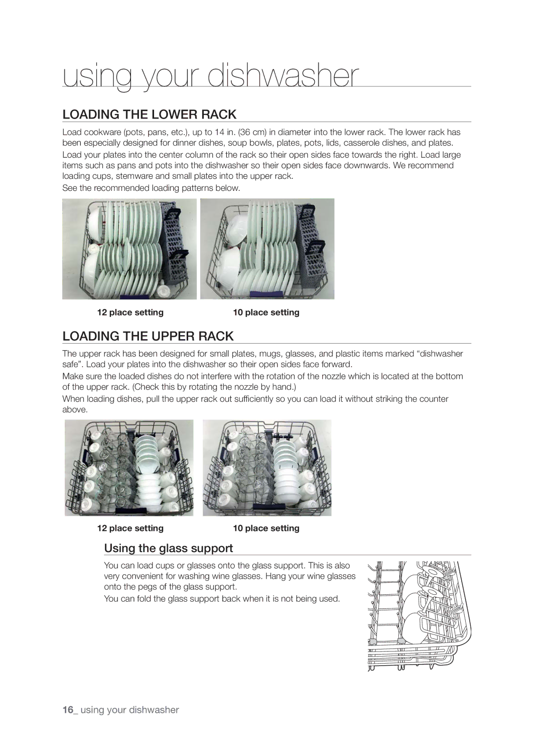 Samsung DMT800RHW, DMT800DD6800050A Loading the Lower Rack, Loading the Upper Rack, Using the glass support, Place setting 