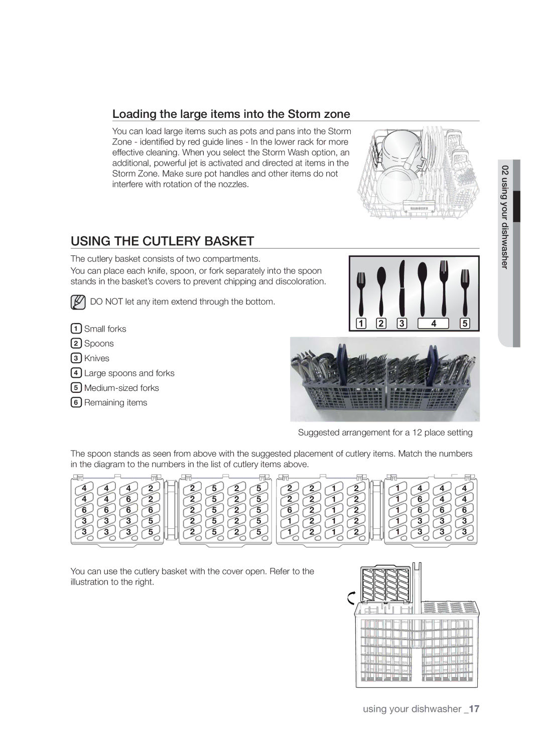 Samsung DMT800RHB, DMT800DD6800050A, DMT800RHW Using the Cutlery Basket, Loading the large items into the Storm zone 