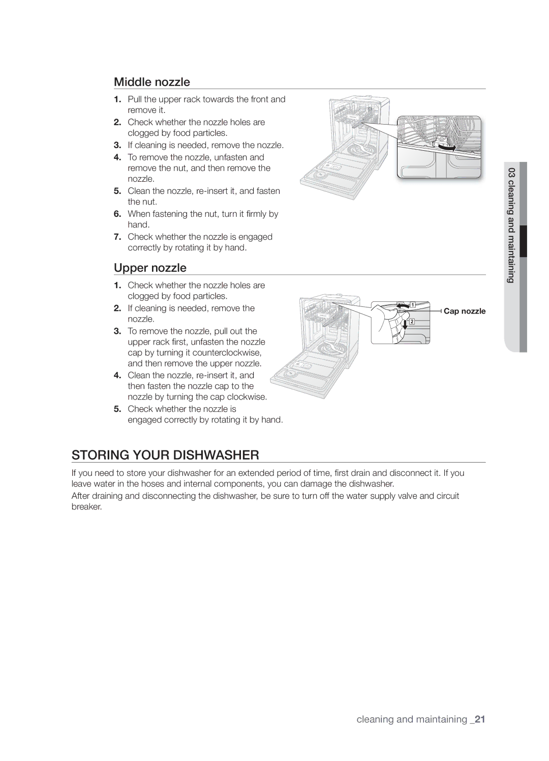 Samsung DMT800DD6800050A, DMT800RHW, DMT800RHB user manual Storing Your Dishwasher, Middle nozzle, Upper nozzle 