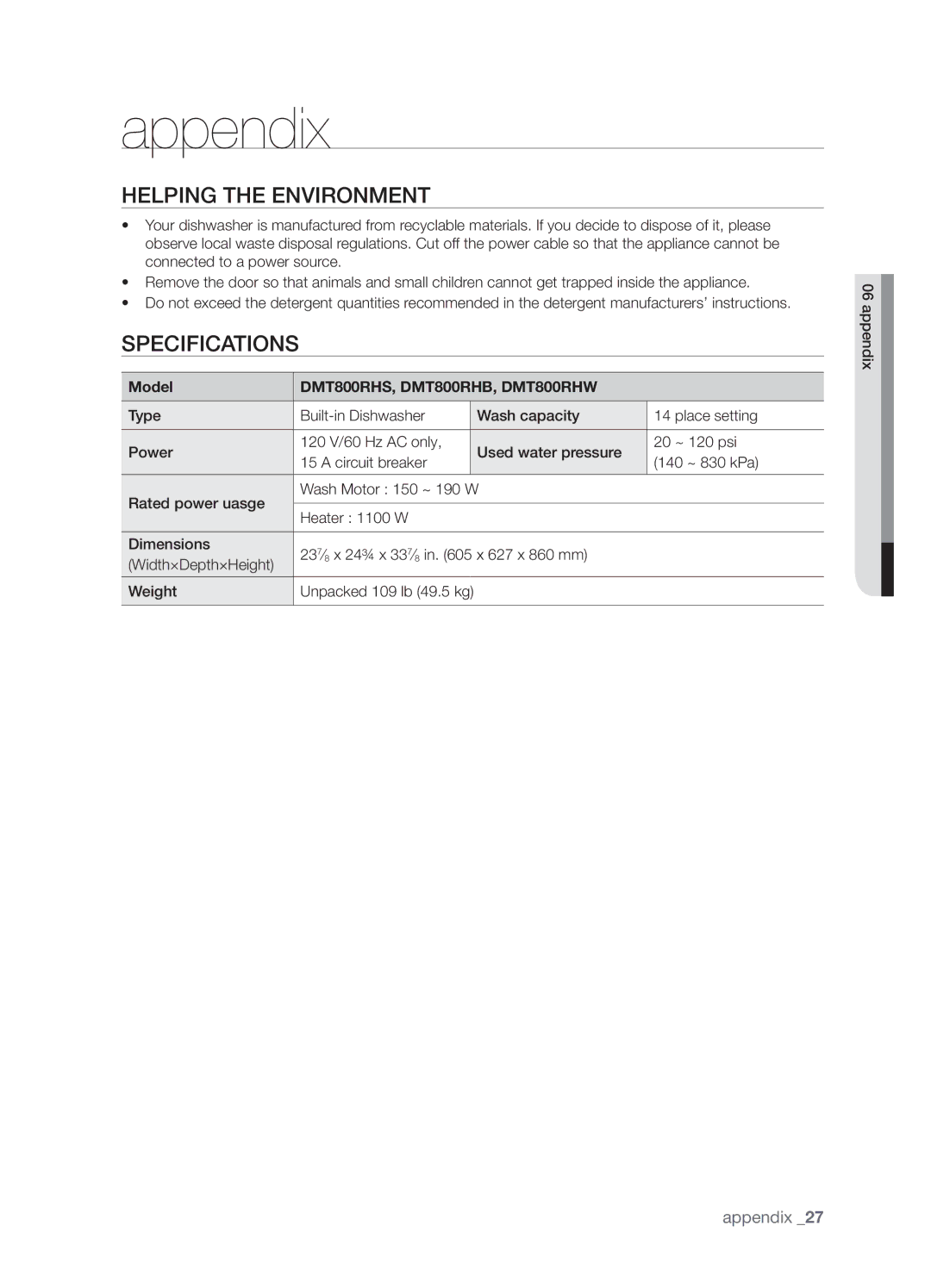 Samsung DMT800DD6800050A Appendix, Helping the Environment, Specifications, Model, DMT800RHS, DMT800RHB, DMT800RHW 