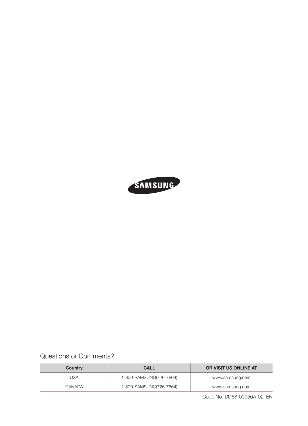 Samsung DMT800RHB, DMT800DD6800050A, DMT800RHW user manual Questions or Comments?, Code No. DD68-00050A-02EN 