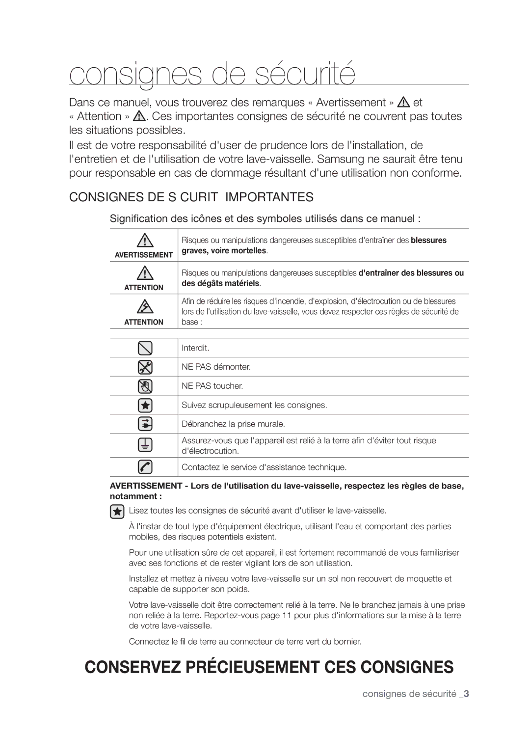 Samsung DMT800RHB Consignes de sécurité, Consignes DE Sécurité Importantes, Graves, voire mortelles, Des dégâts matériels 