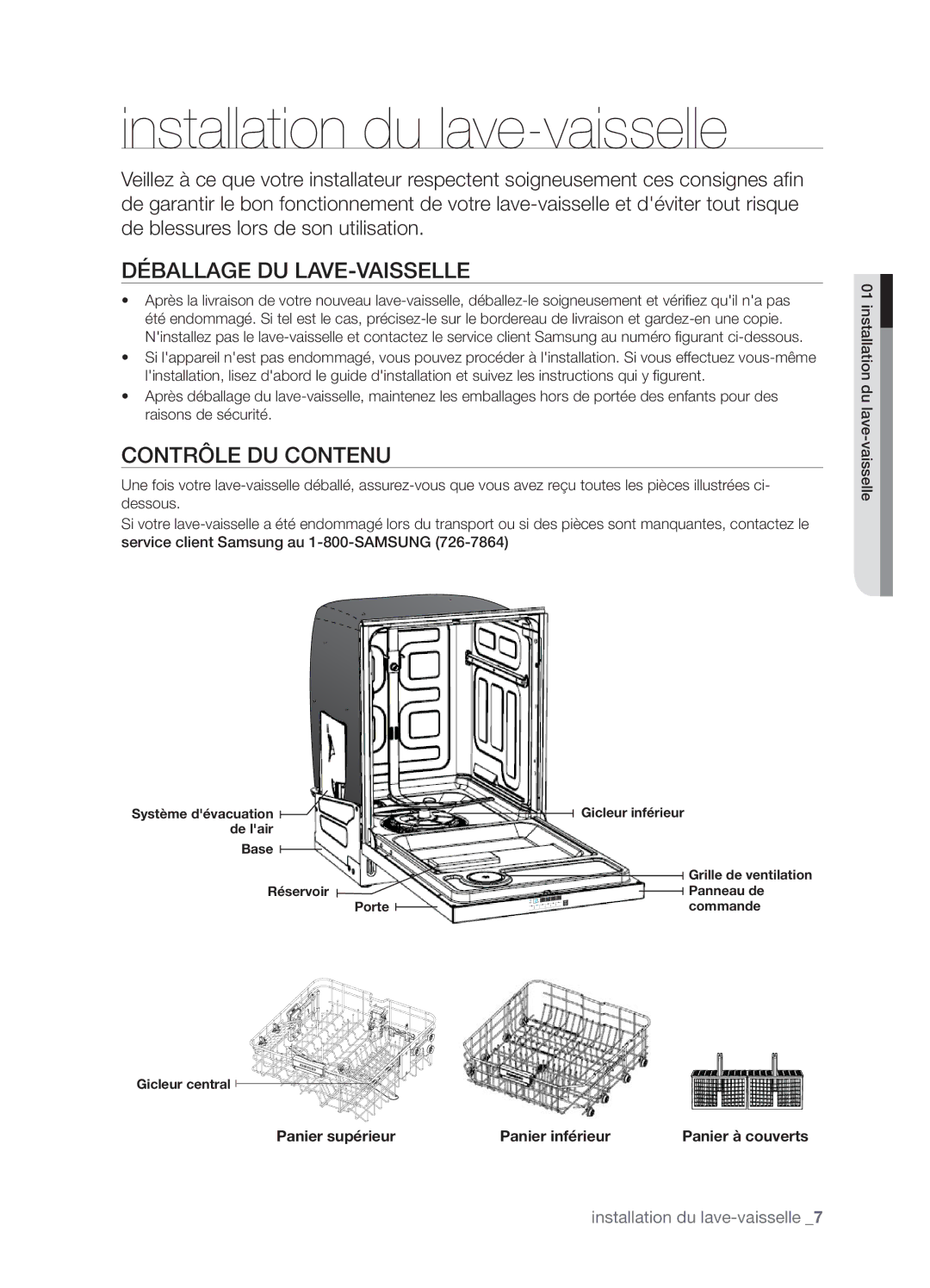 Samsung DMT800DD6800050A, DMT800RHW Installation du lave-vaisselle, Déballage DU LAVE-VAISSELLE, Contrôle DU Contenu 