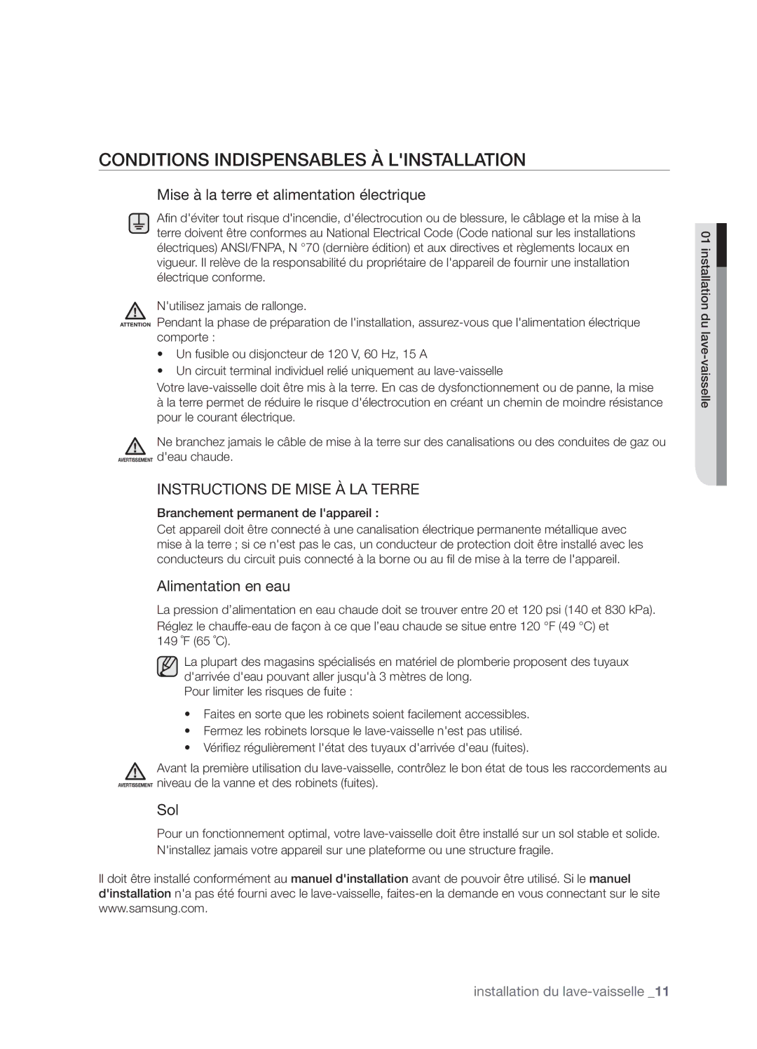 Samsung DMT800RHW, DMT800DD6800050A Conditions Indispensables À Linstallation, Branchement permanent de lappareil 