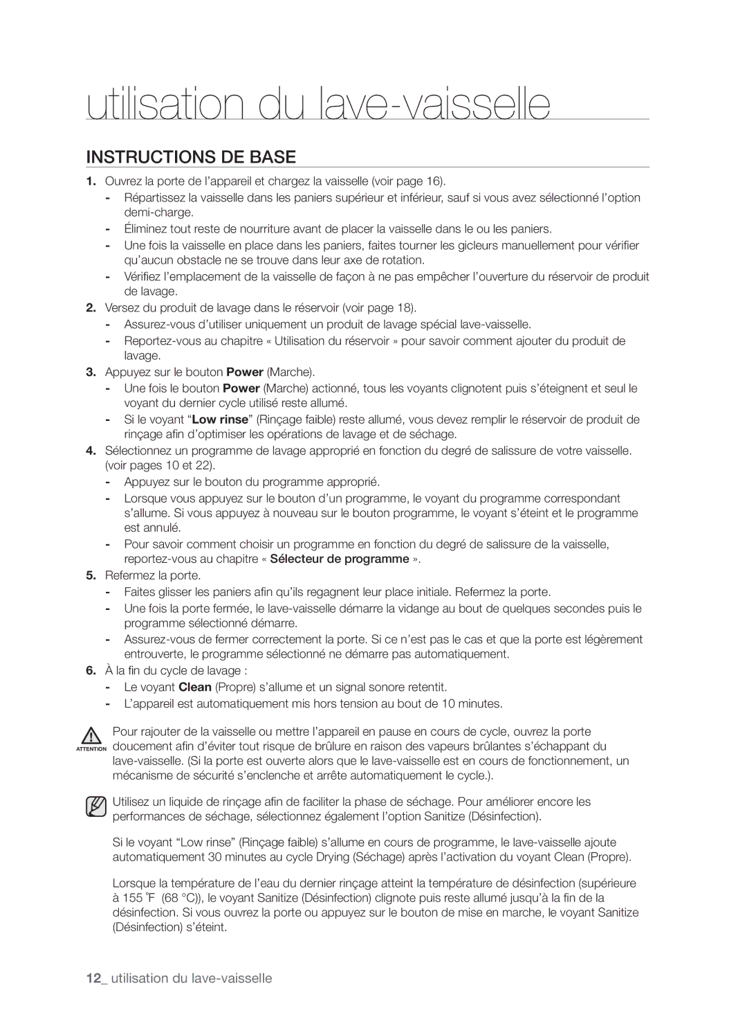 Samsung DMT800RHB, DMT800DD6800050A, DMT800RHW user manual Utilisation du lave-vaisselle, Instructions DE Base 