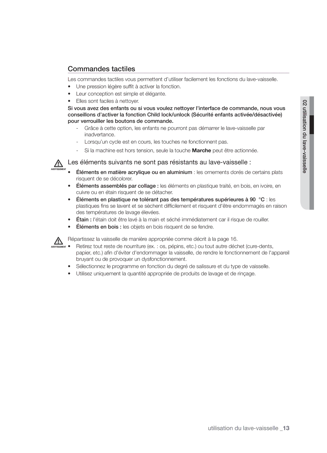 Samsung DMT800DD6800050A, DMT800RHW, DMT800RHB user manual Commandes tactiles, Utilisation du lave-vaisselle 