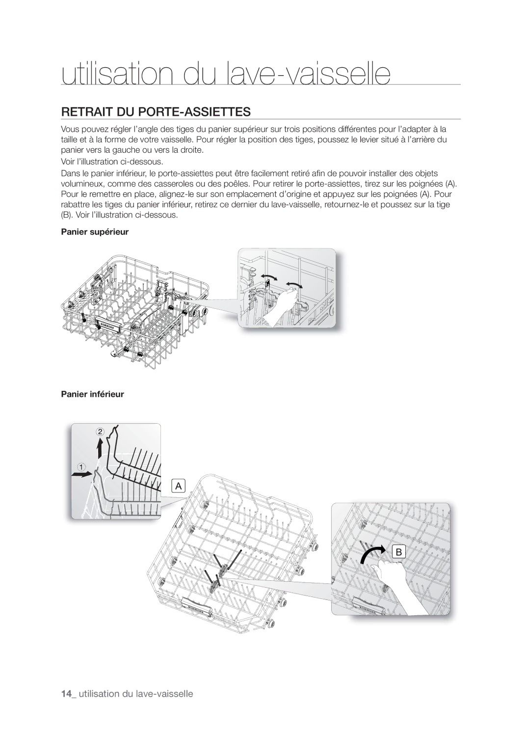 Samsung DMT800RHW, DMT800DD6800050A, DMT800RHB user manual Retrait DU PORTE-ASSIETTES, Panier supérieur Panier inférieur 