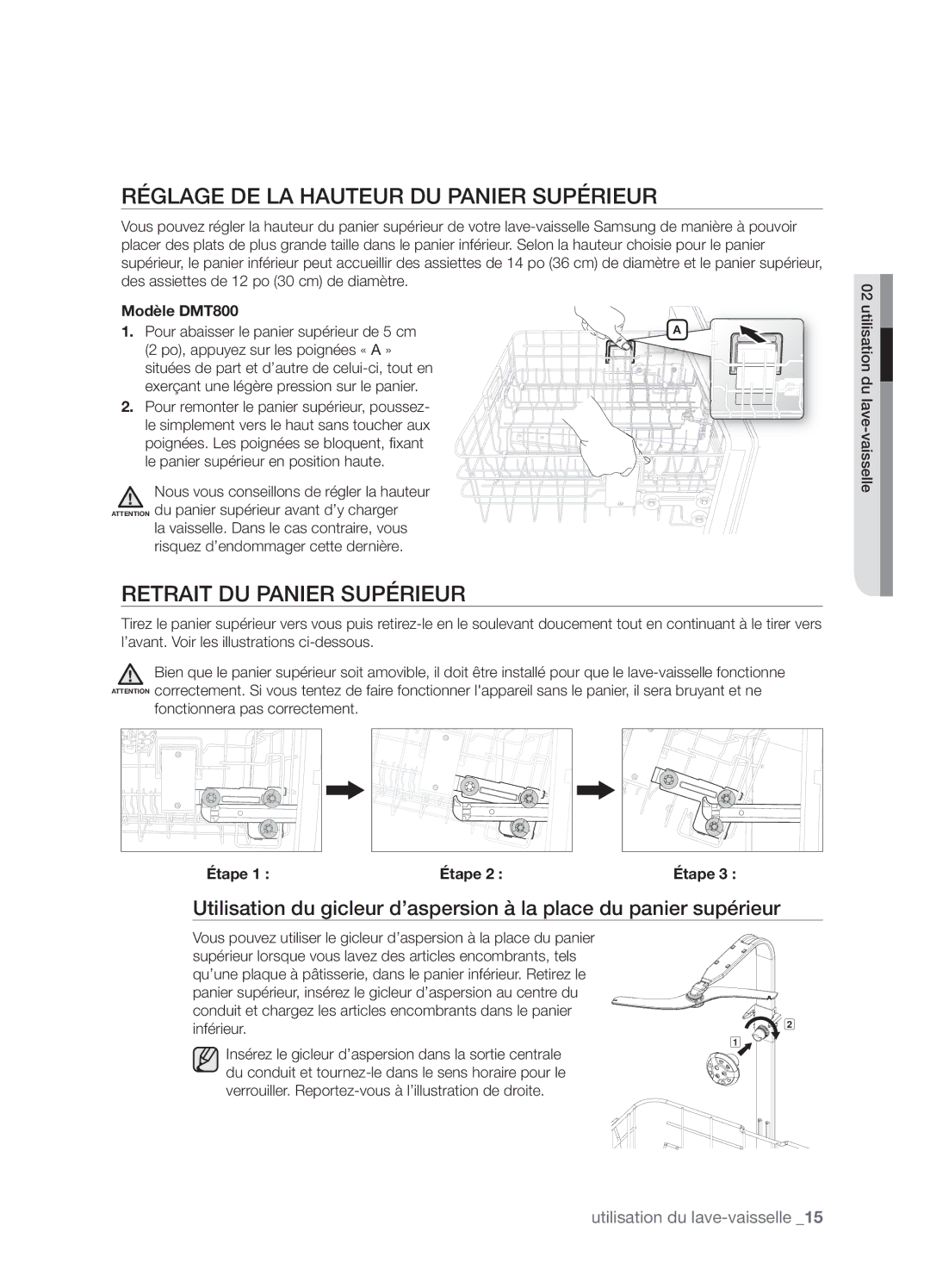 Samsung DMT800RHB Réglage DE LA Hauteur DU Panier Supérieur, Retrait DU Panier Supérieur, Fonctionnera pas correctement 