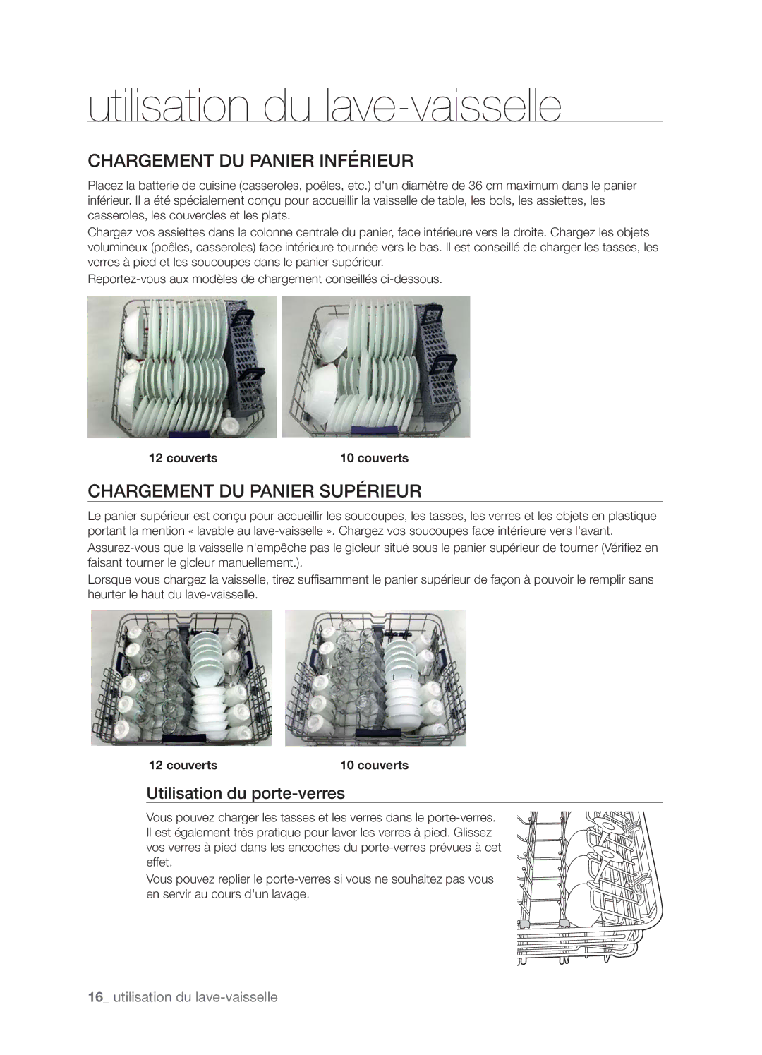 Samsung DMT800DD6800050A Chargement DU Panier Inférieur, Chargement DU Panier Supérieur, Utilisation du porte-verres 