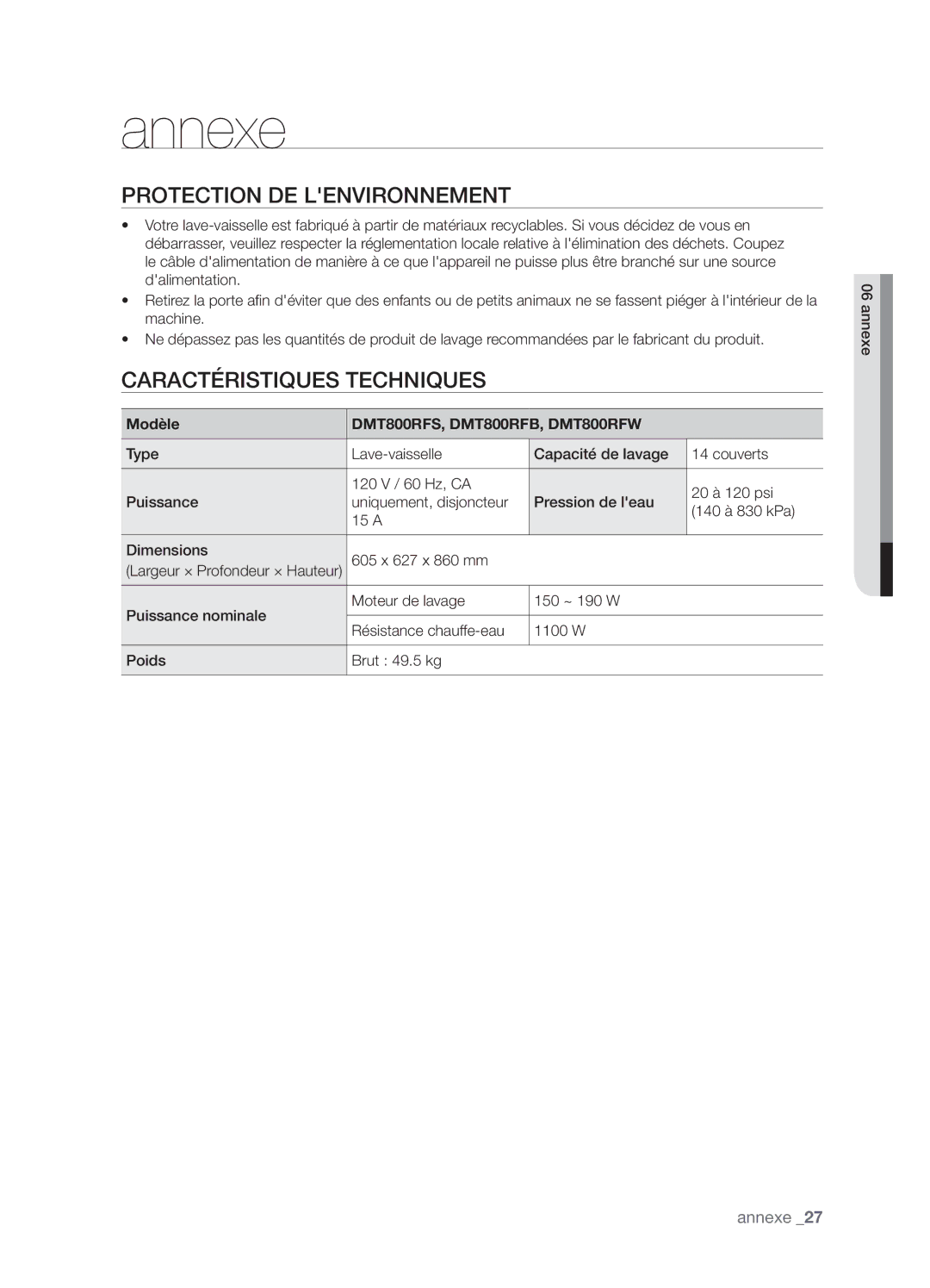 Samsung DMT800RHB, DMT800DD6800050A, DMT800RHW Annexe, Protection DE Lenvironnement, Caractéristiques Techniques, Modèle 