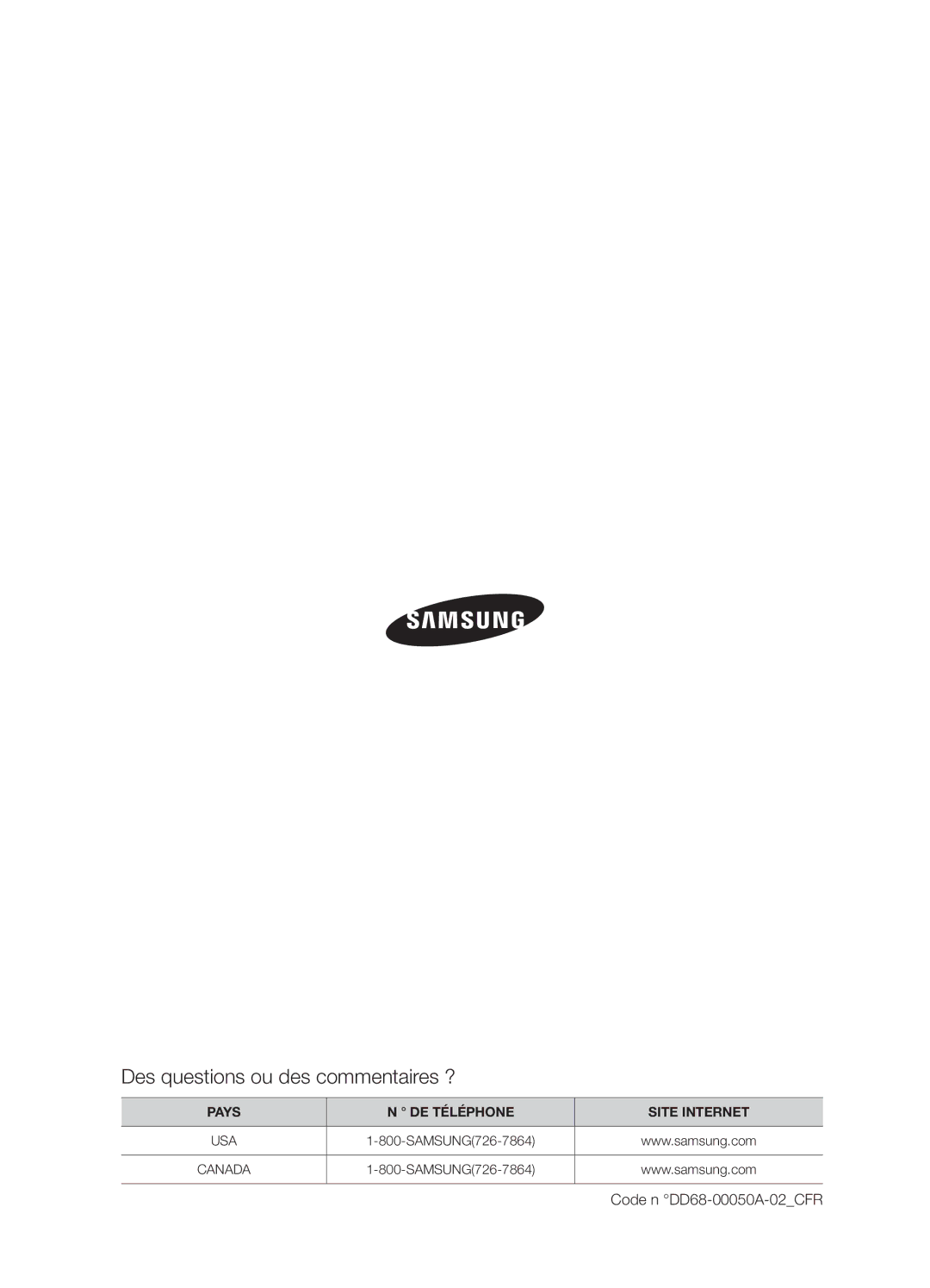 Samsung DMT800RHW, DMT800DD6800050A, DMT800RHB user manual Des questions ou des commentaires ?, Code n DD68-00050A-02CFR 